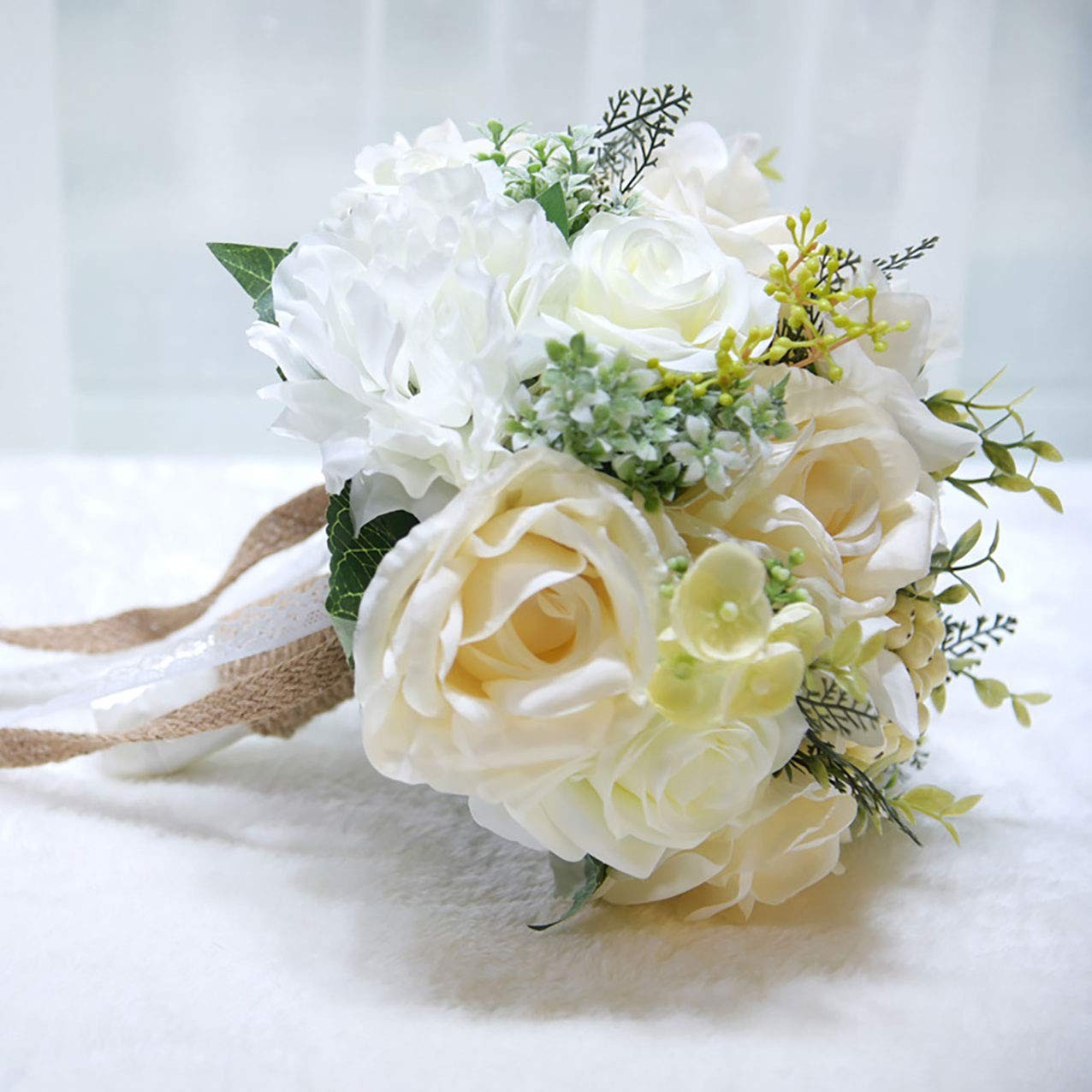 9.8″ Bridal Holding Wedding Bouquet Real-Looking Mixed Flowers Ivory Greenery…
