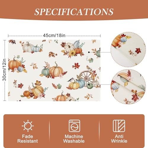 Fall Pumpkin Placemats Set of 4, 12×18 Inch Autumn Maple Leaves Pumpkin-3