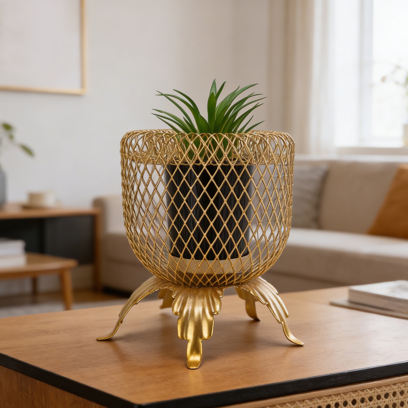 Small Fake Plant With Metal Cage Decorative Potted Artificial Succulent For Home