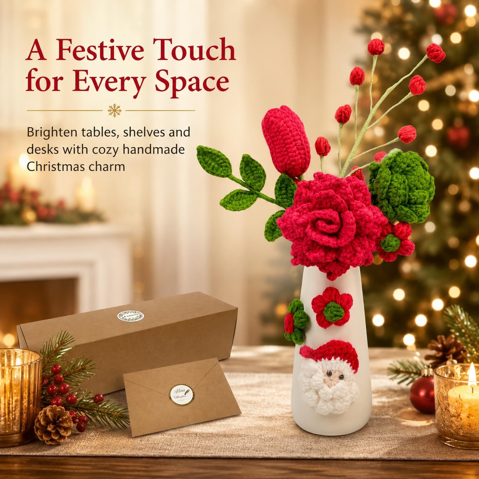 Crochet Christmas Flowers Artificial with Vase for Christmas New Year Decorat…