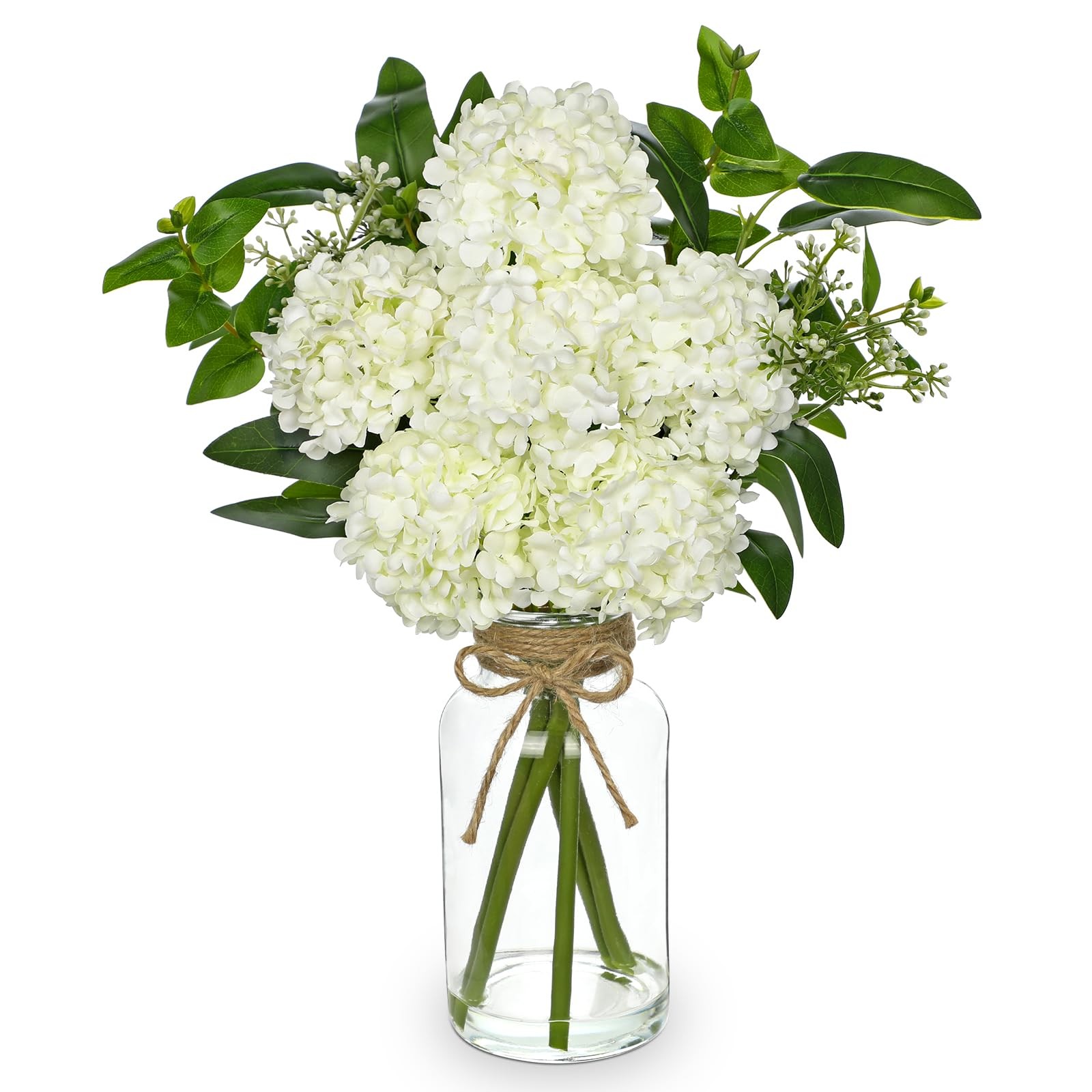 White Hydrangea Artificial Flowers in Clear Glass Vase with Faux Water Silk H…