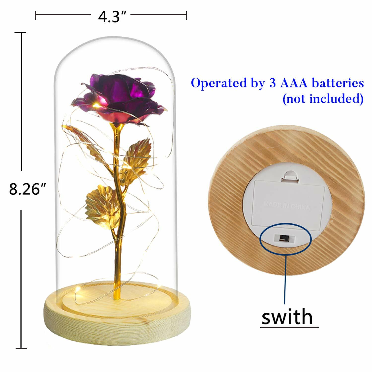 24K Gold Plated Dipped Rose Flower in glass dome Romantic Gift Love for mom girl