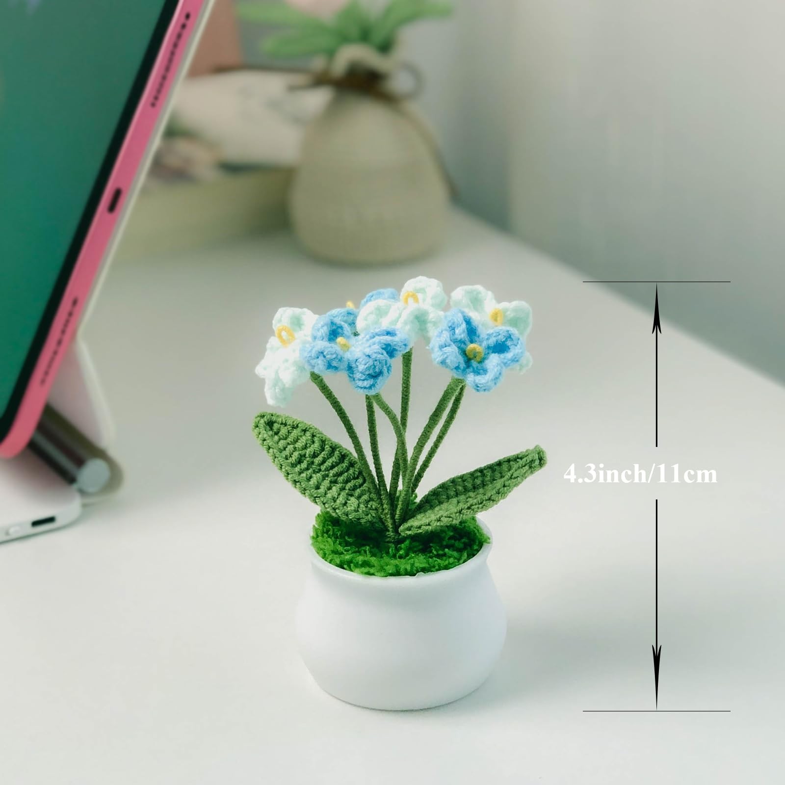 Blue Gradient Myosotis Crochet Potted Flower Car Dashboard Home Decor Gift