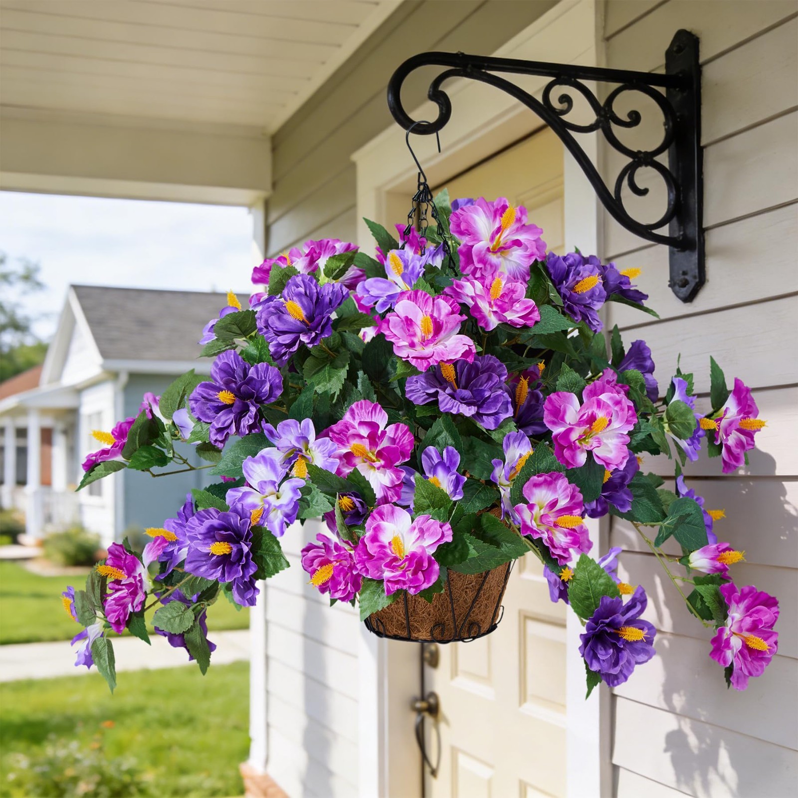 Realistic UV Resistant Fake Hibiscus Flowers – 3 Bunches with Hanging Basket for