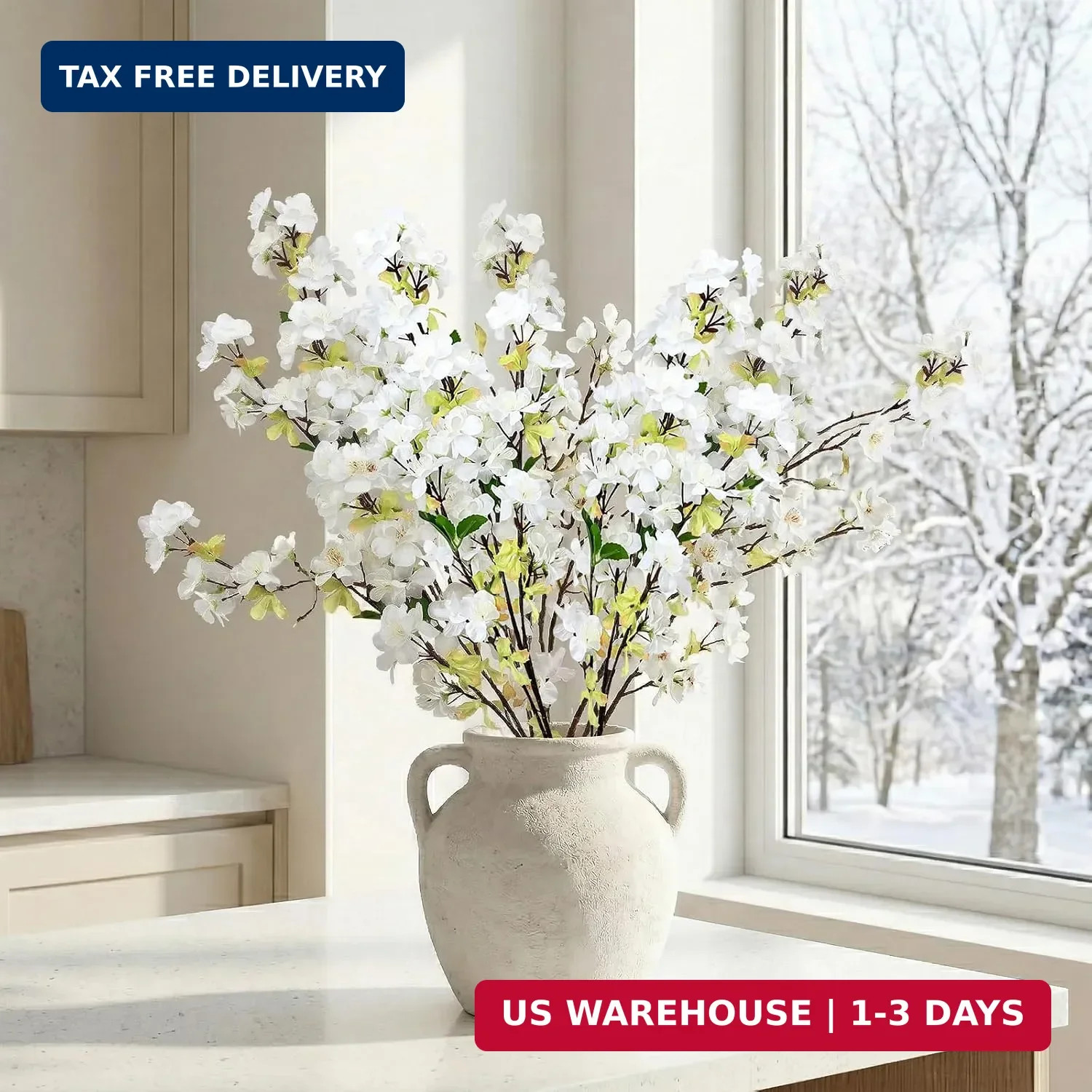 6Pcs White 27” Artificial Cherry Blossom Branches for Home Decor | Fake Silk, L