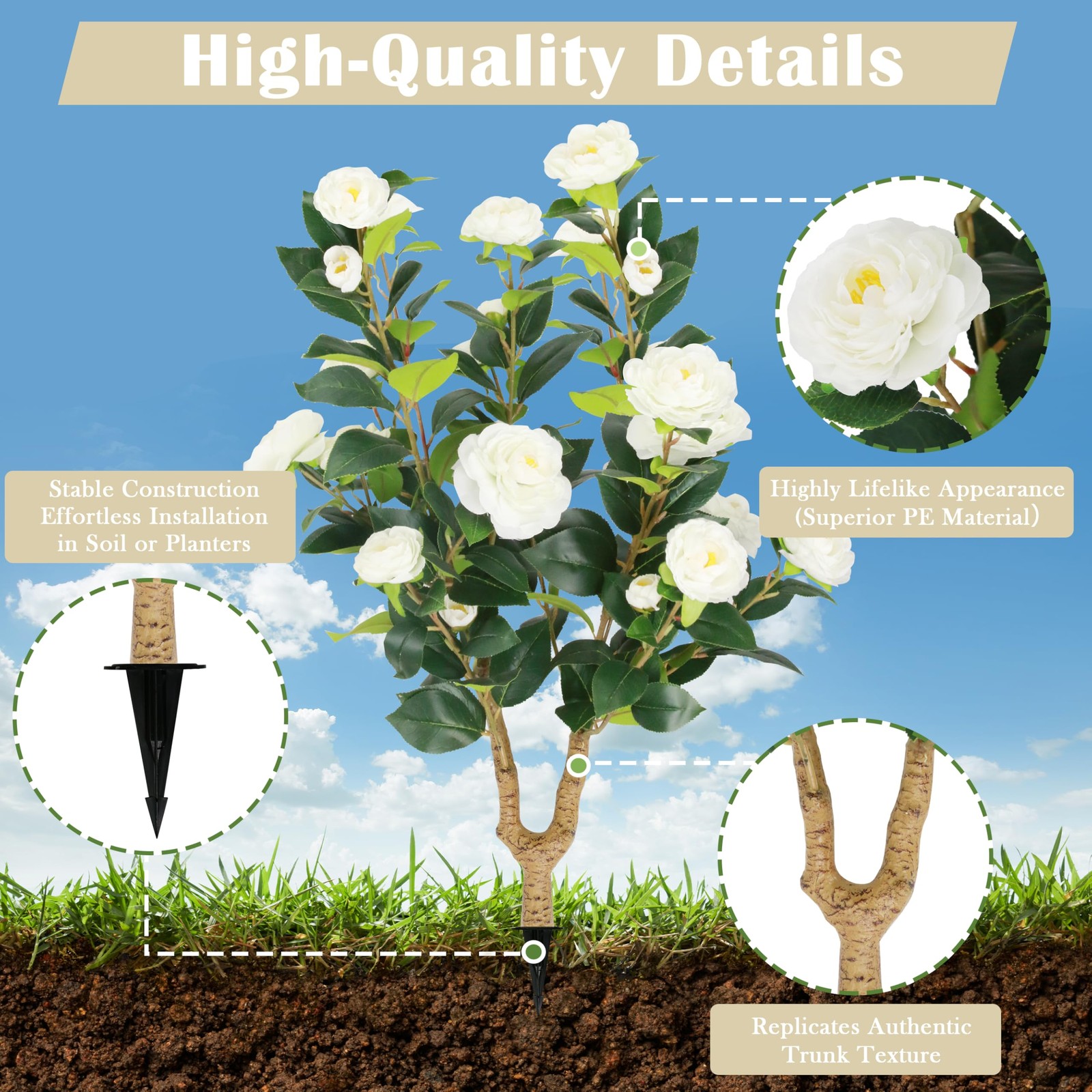 2 Packs 35.5″ Artificial Camellia Tree, Faux White Camellia Flowers Plant wit…
