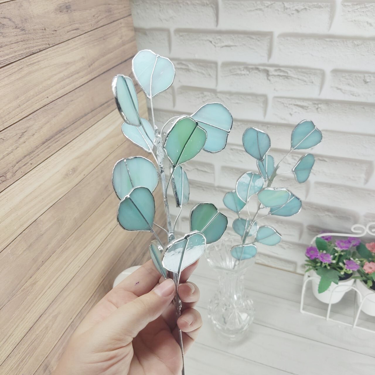 Stained glass eucalyptus branch, glass eucalyptus, plant stake for vase or garde