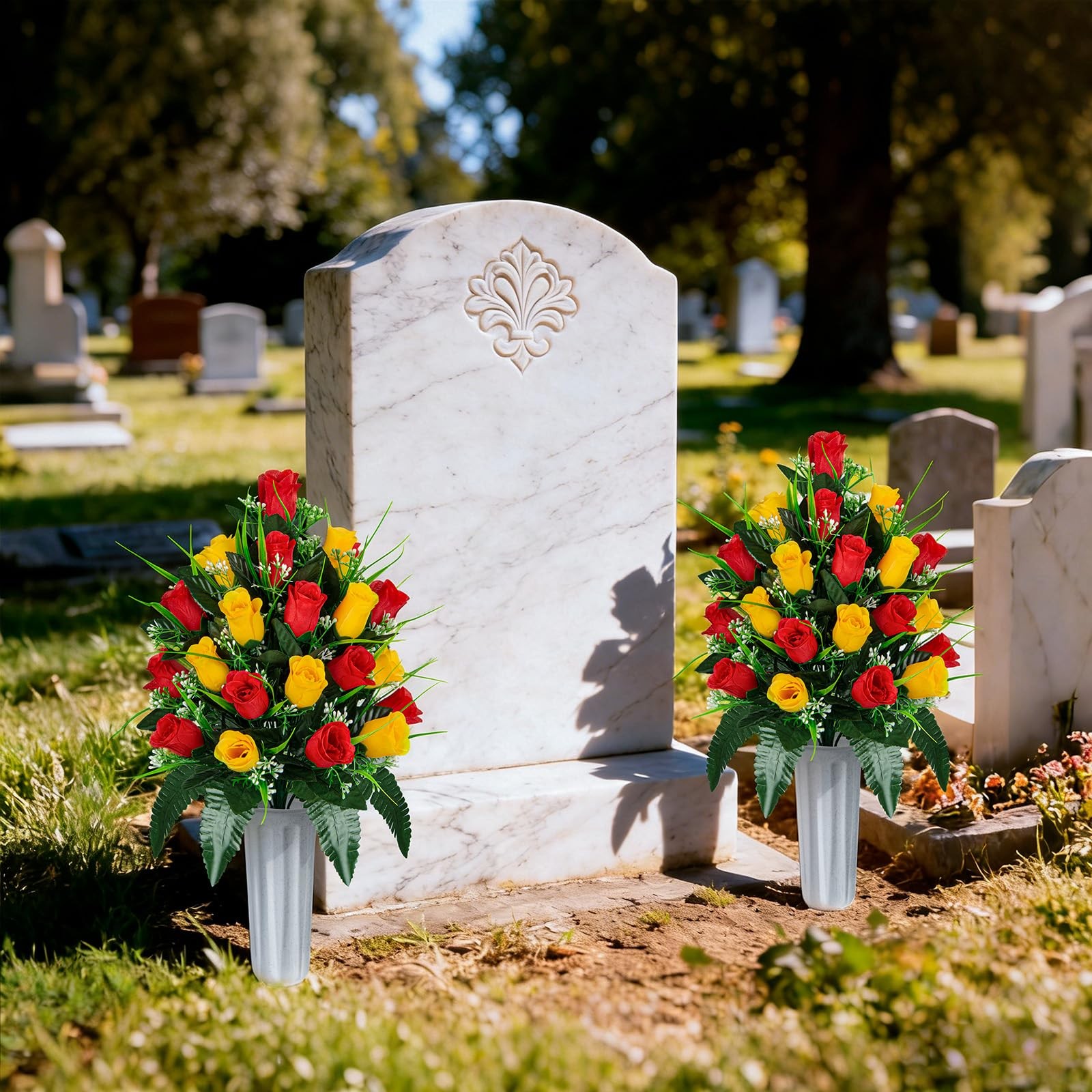 2 PCS Artificial Cemetery Flowers Red Yellow Rose Bouquets With Vases Decor