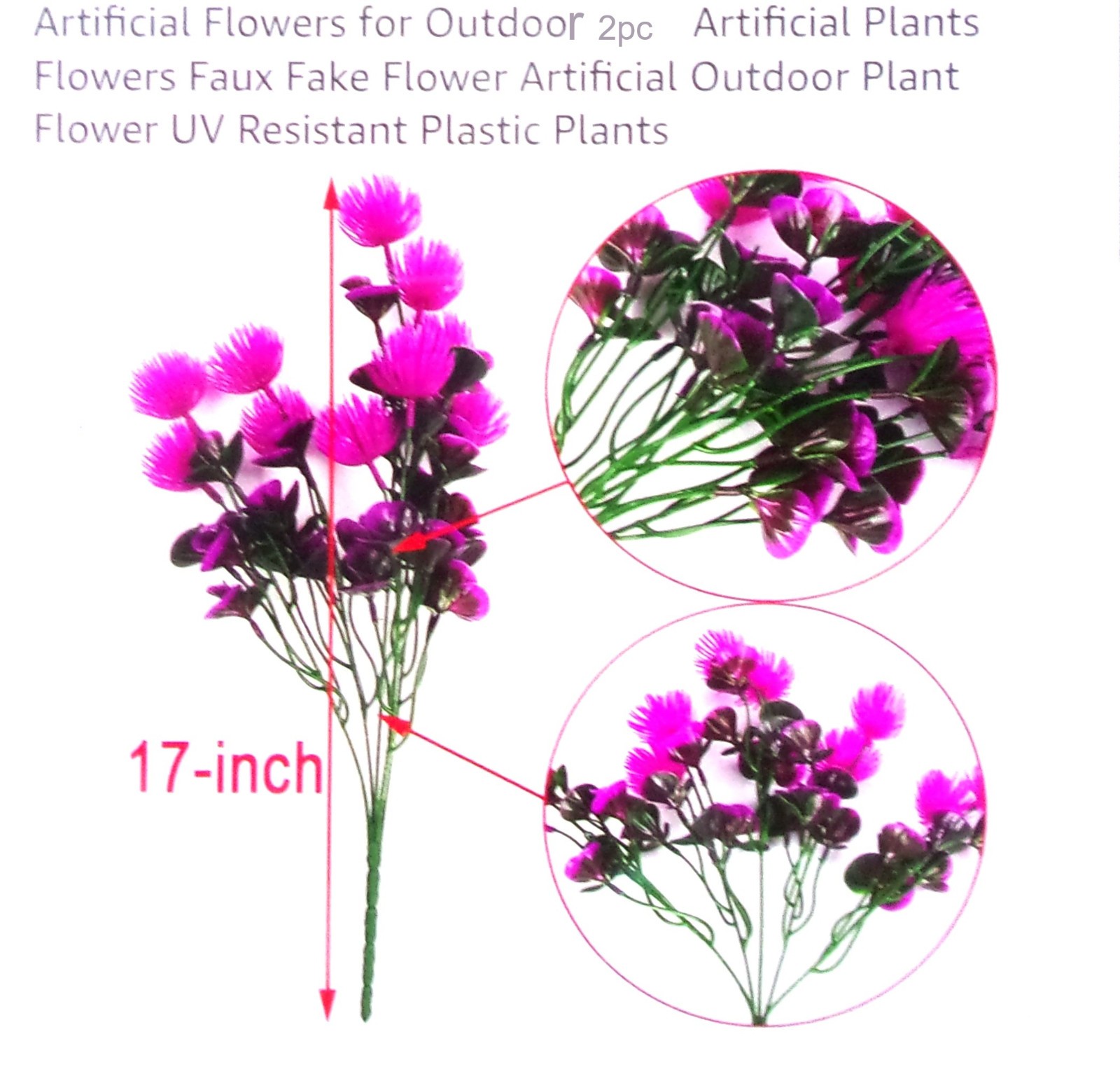 (2) 17″ tall UV resistant hot pink pom-pom & purple sweet pea artificial flowers