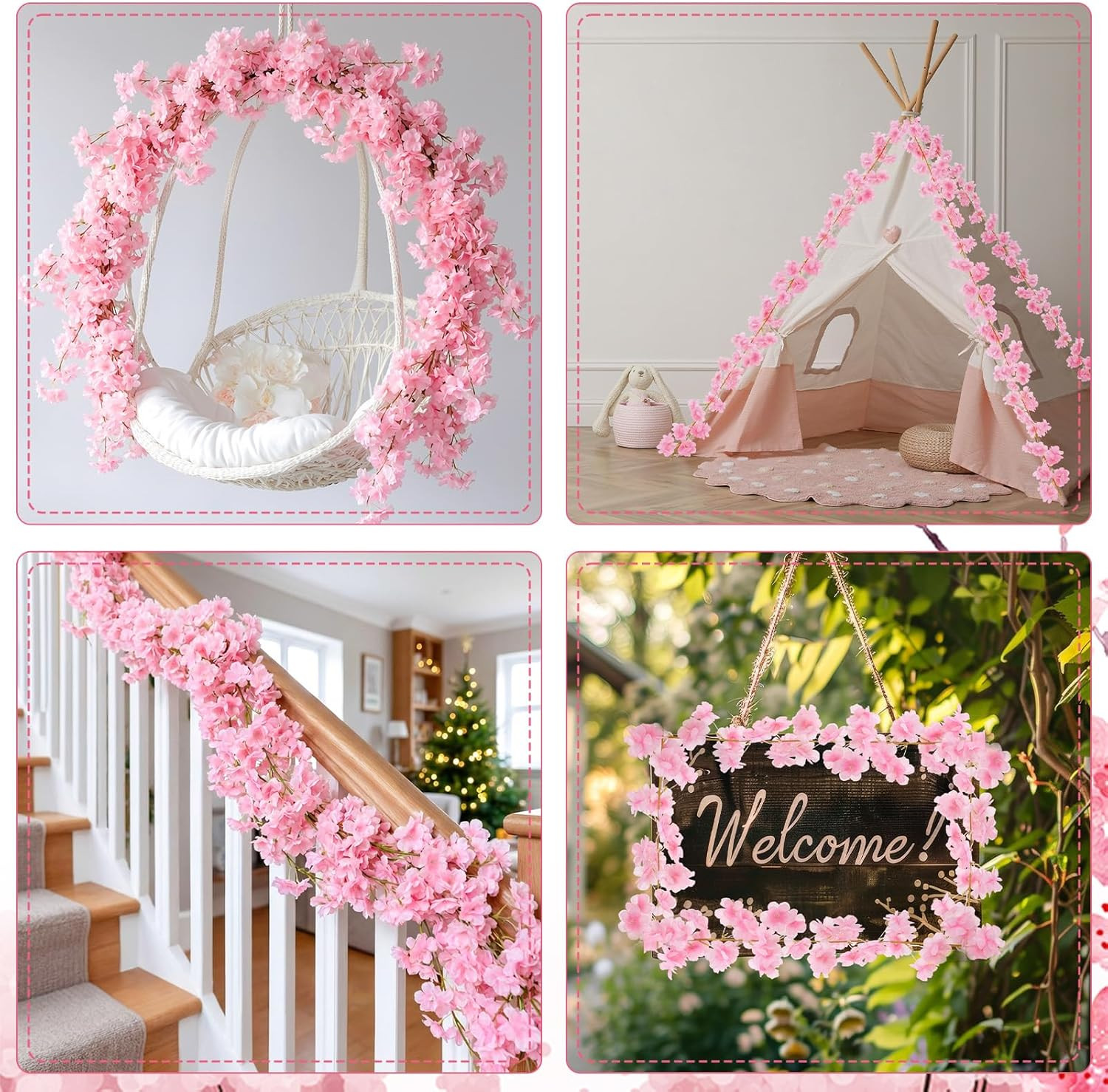 8 PCS 47.2Ft Artificial Cherry Blossom Garland Pink Sakura Flower Vines Hanging