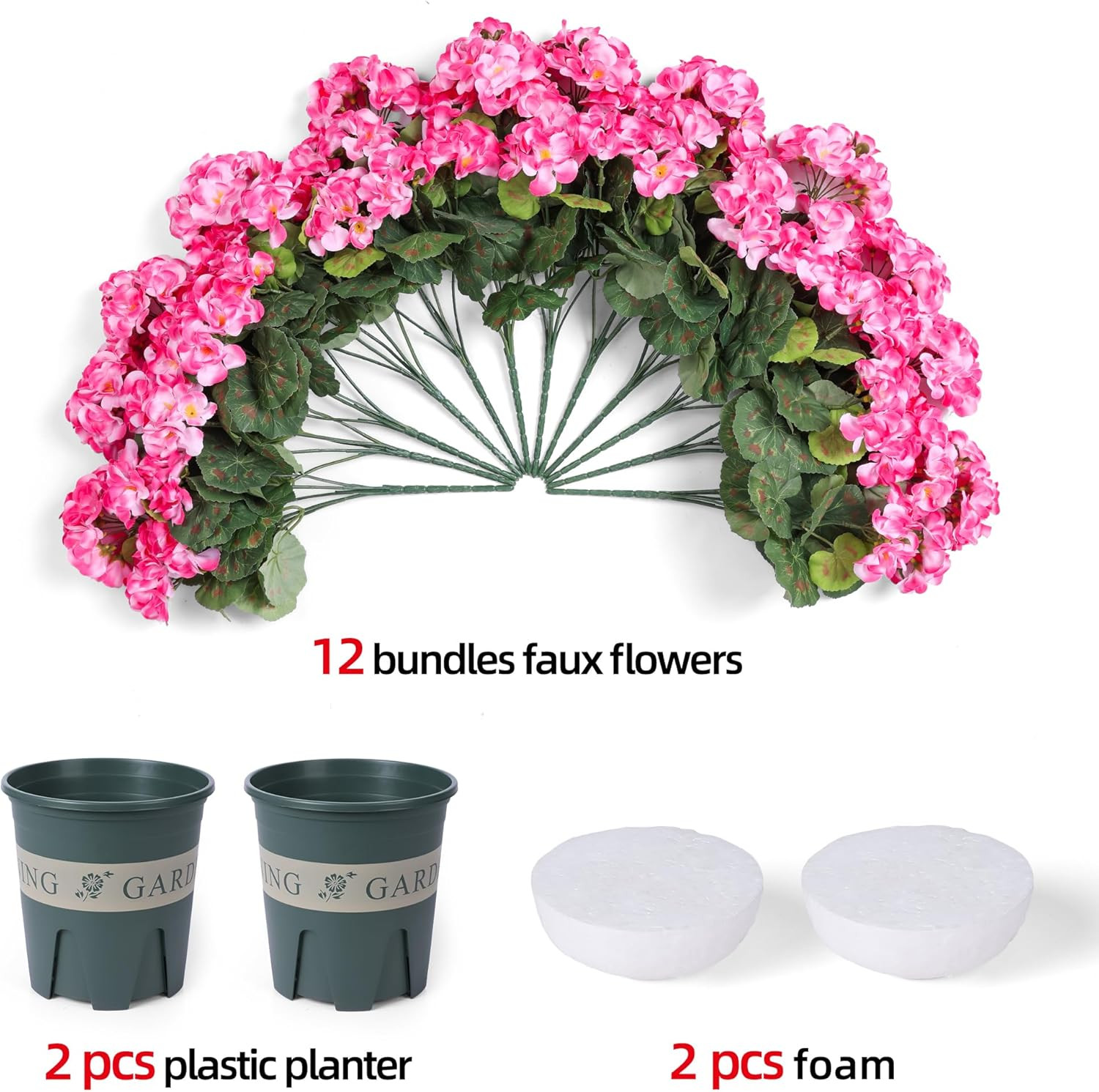 Geraniums Artificial Flowers for Outdoors, 2 Pack Potted Plants Pink Faux Gerani