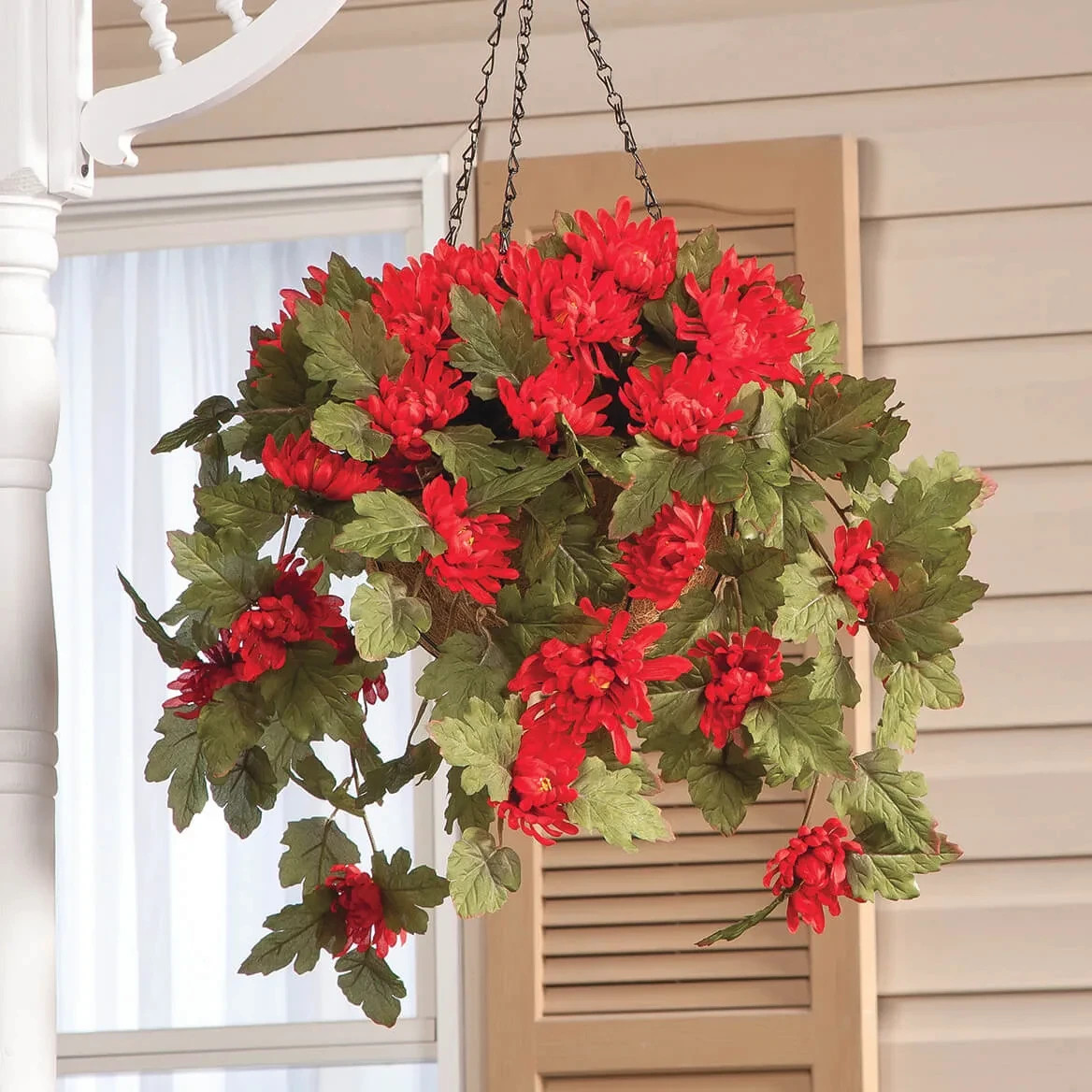 Large Artificial Red Mums Hanging Basket Indoor Outdoor Patio Garden Decor