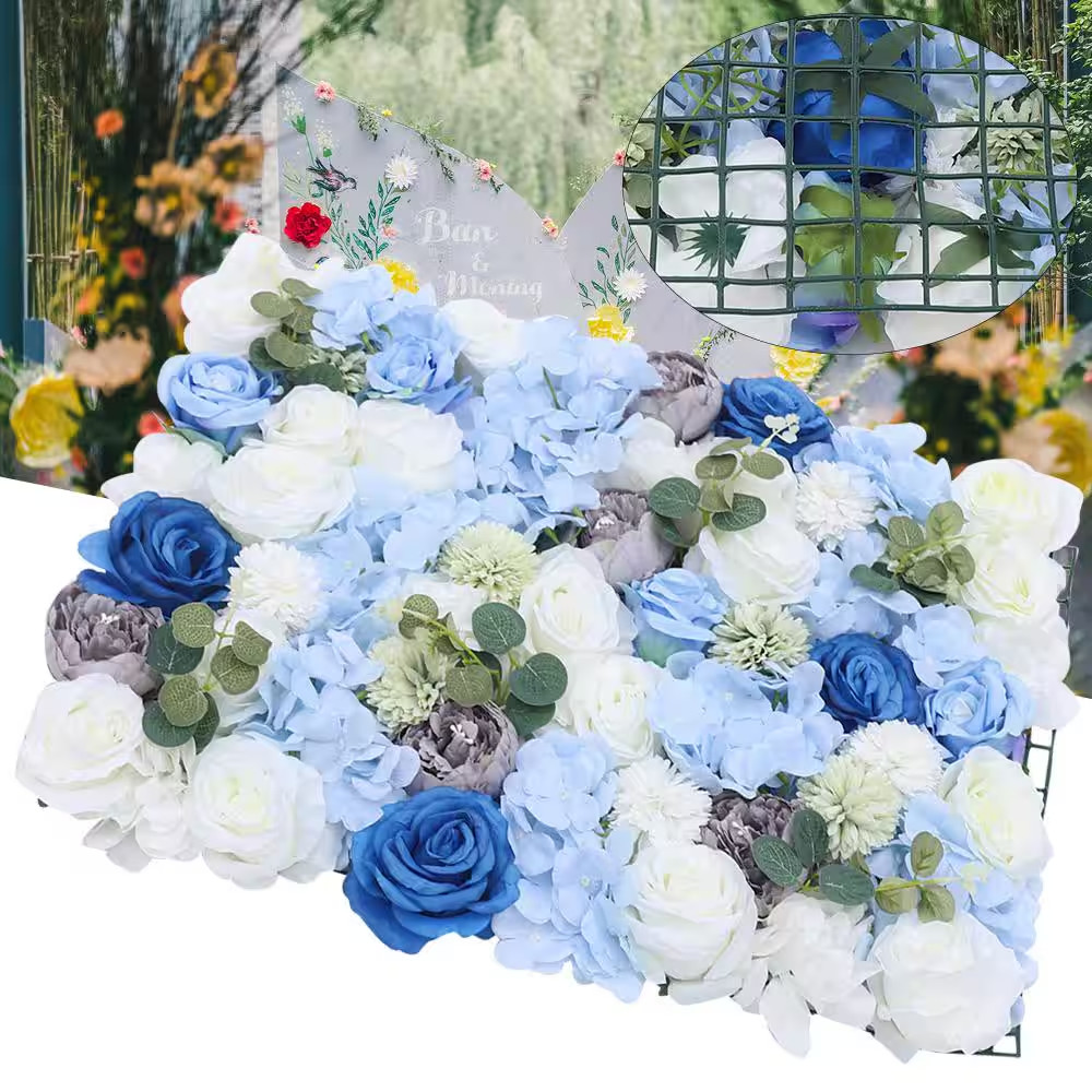 23.6 In. X 15.7 In. Blue Artificial Hydrangea Rose Flower Wall Panel Backdrop De