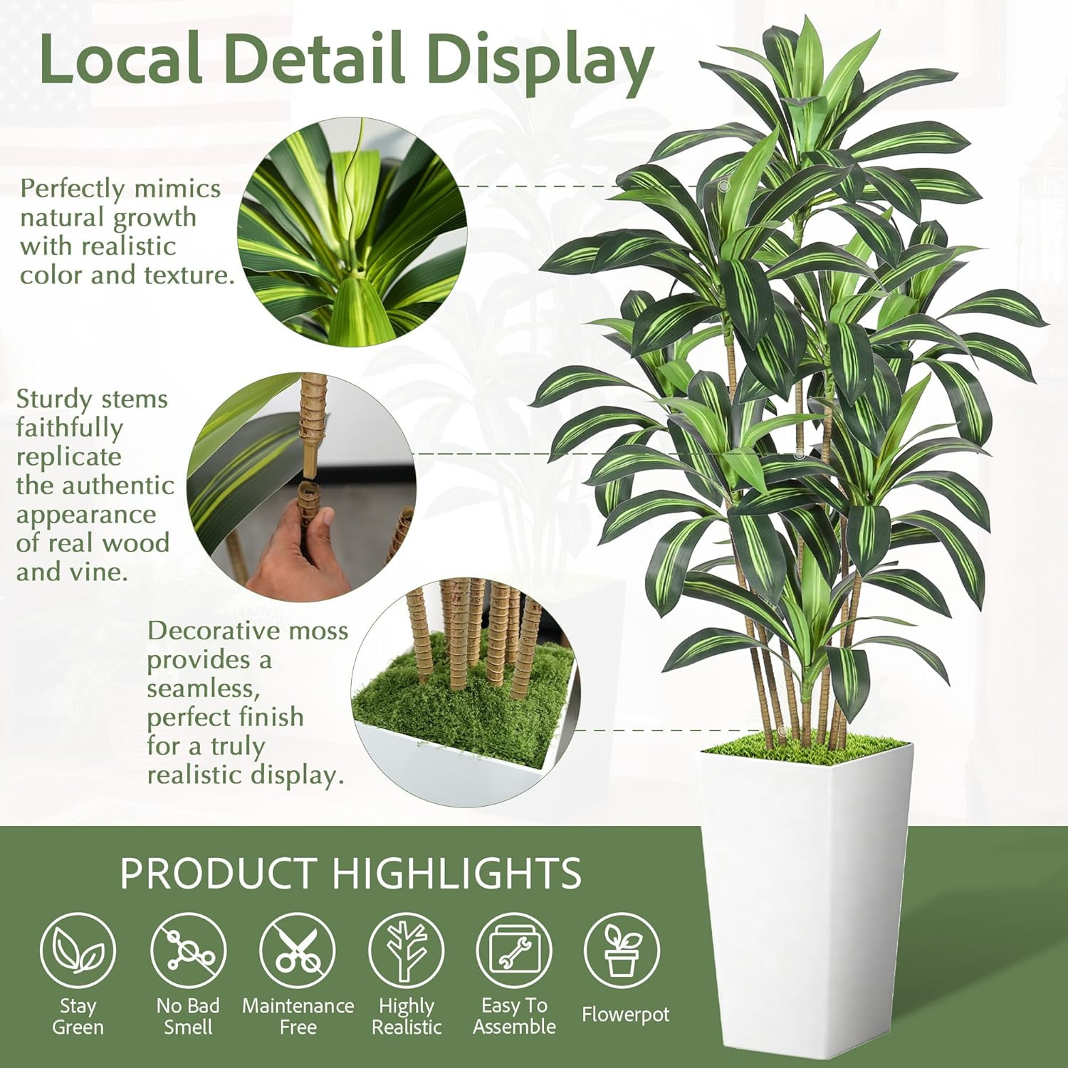 Lifelike 6FT Dracaena Indoor Plant Tree for Home & Office Decor – White Pot