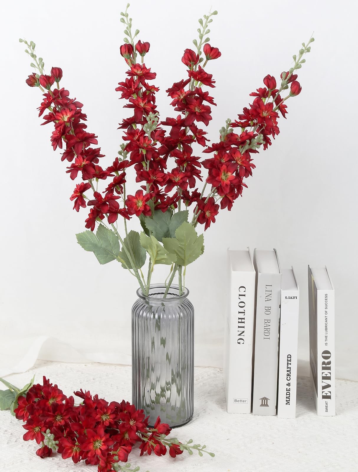 6PCS Red Delphinium Artificial Flowers 33″ Larkspur Silk Flowers Long Stem Ar…