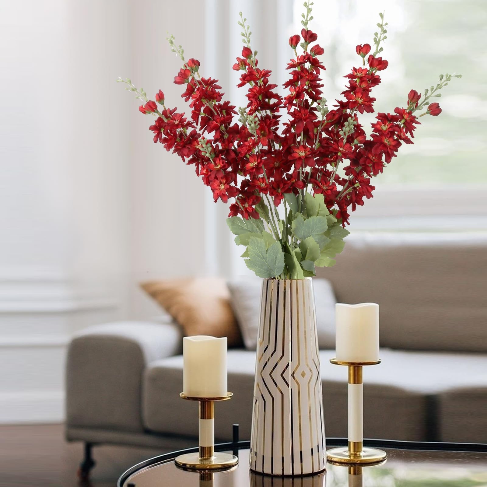 6PCS Red Delphinium Artificial Flowers 33″ Larkspur Silk Flowers Long Stem Ar…