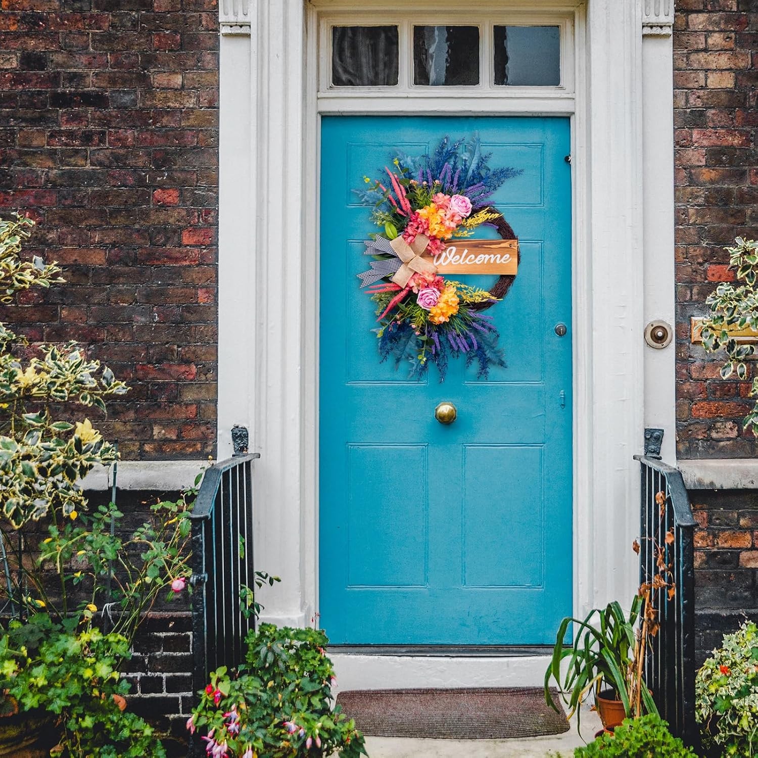 Large Pink Yellow Flowers and Greenery Modern Door Wreath and Welcome Sign