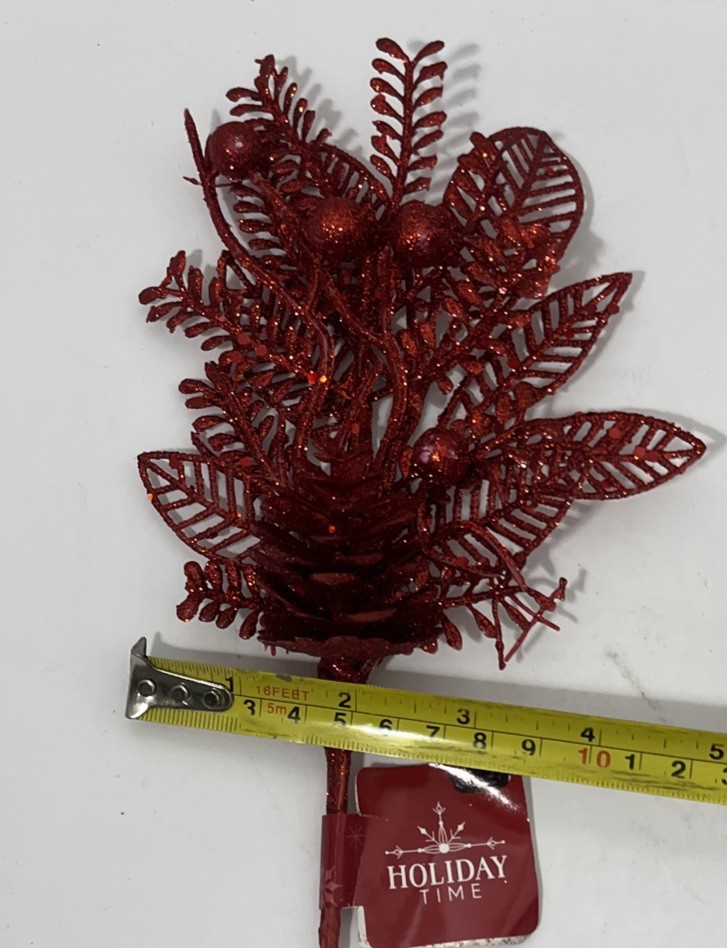 3 Holiday Time Christmas Red Glitter Floral Decor Picks 10×4 Inch NWT