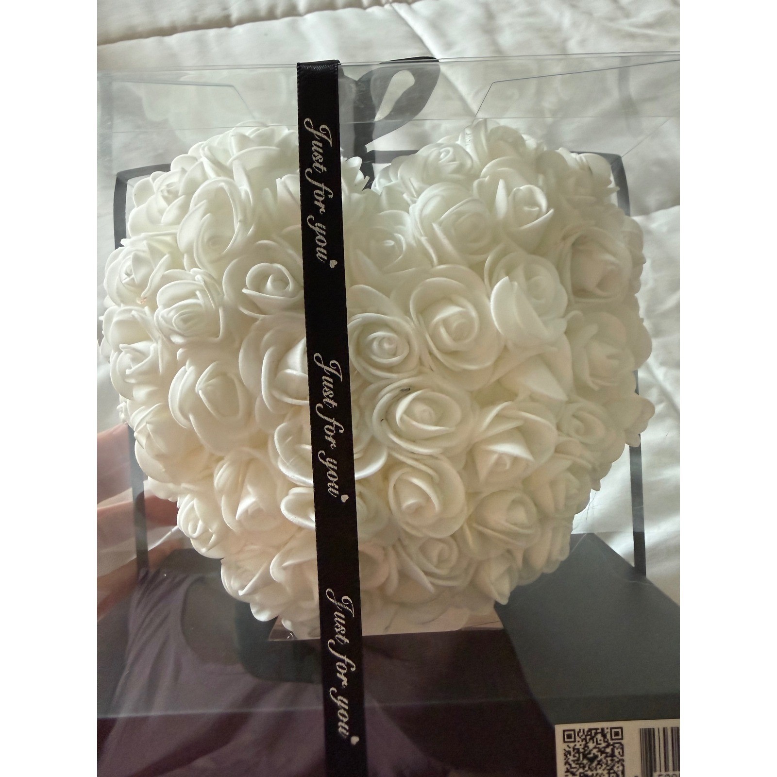 White Artificial Rose Flower Heart Gift Box Valentine Anniversary Decor