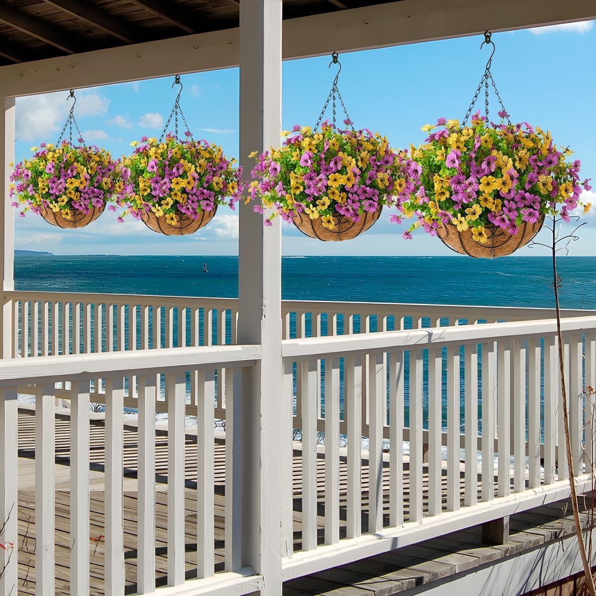 Vibrant UV Resistant Faux Hanging Daisies in Metal Basket – Outdoor Elegance