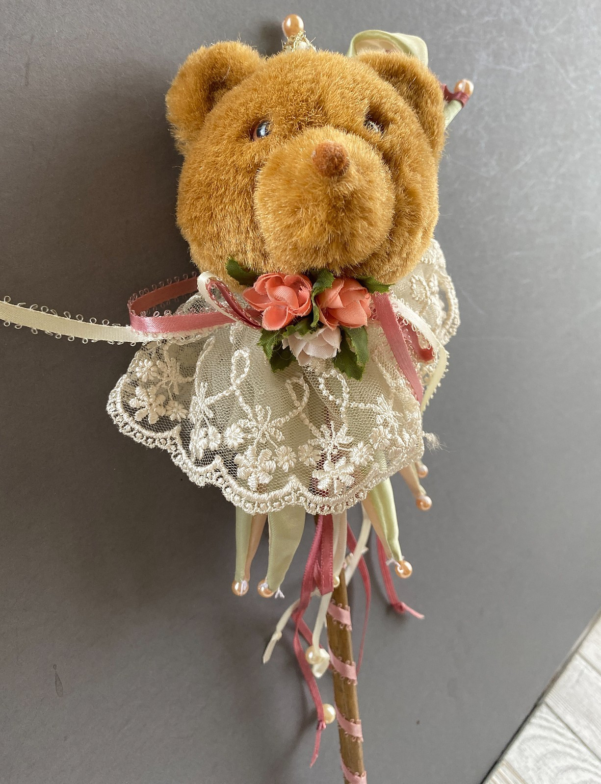 Fancy Teddy Bear with Ribbons, Lace, Flowers on a Stick ~ Unique Wall Decor