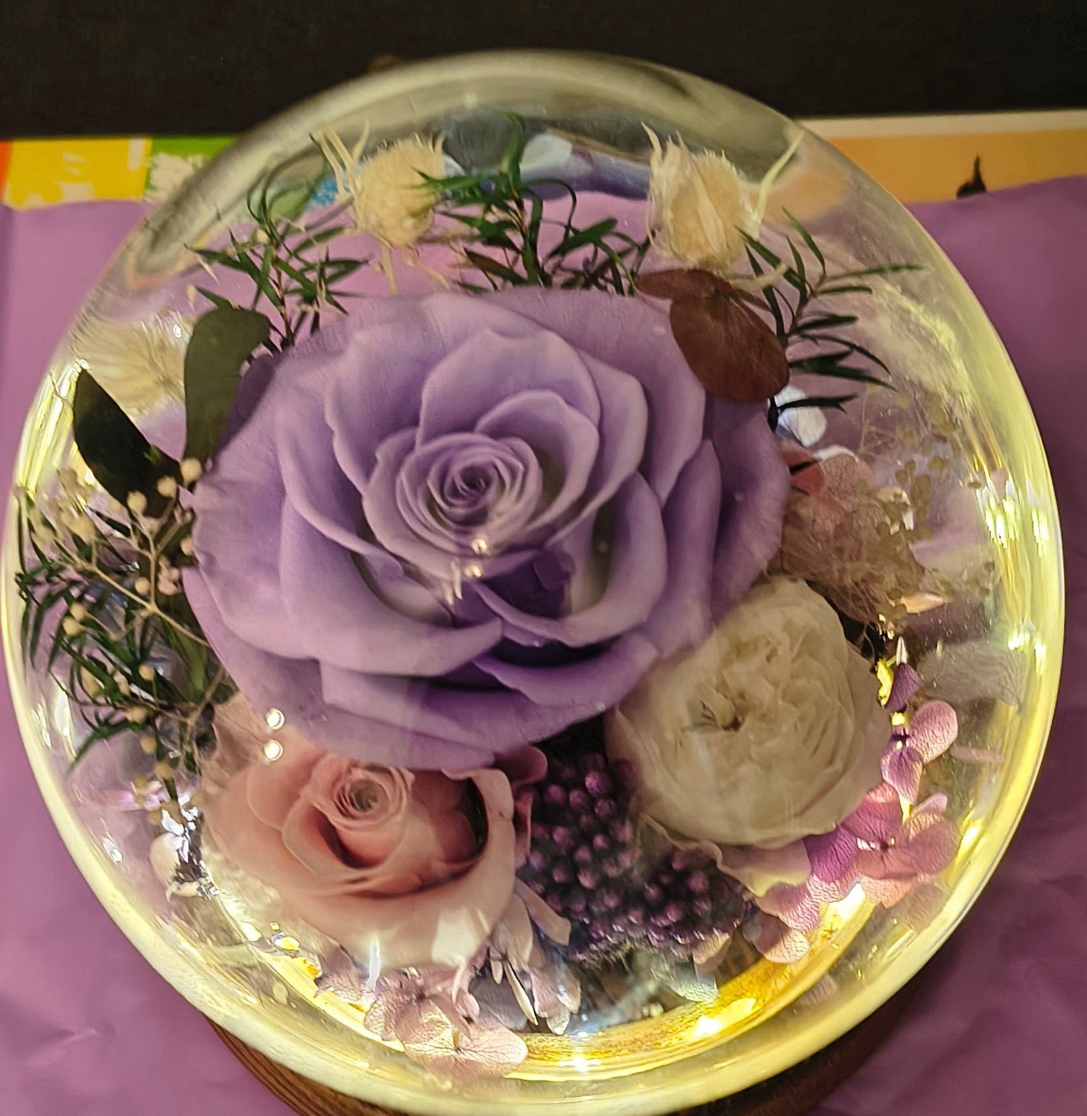 Artificial Rose Floral Arrangement Glass Dome with LED Lights, Purple White
