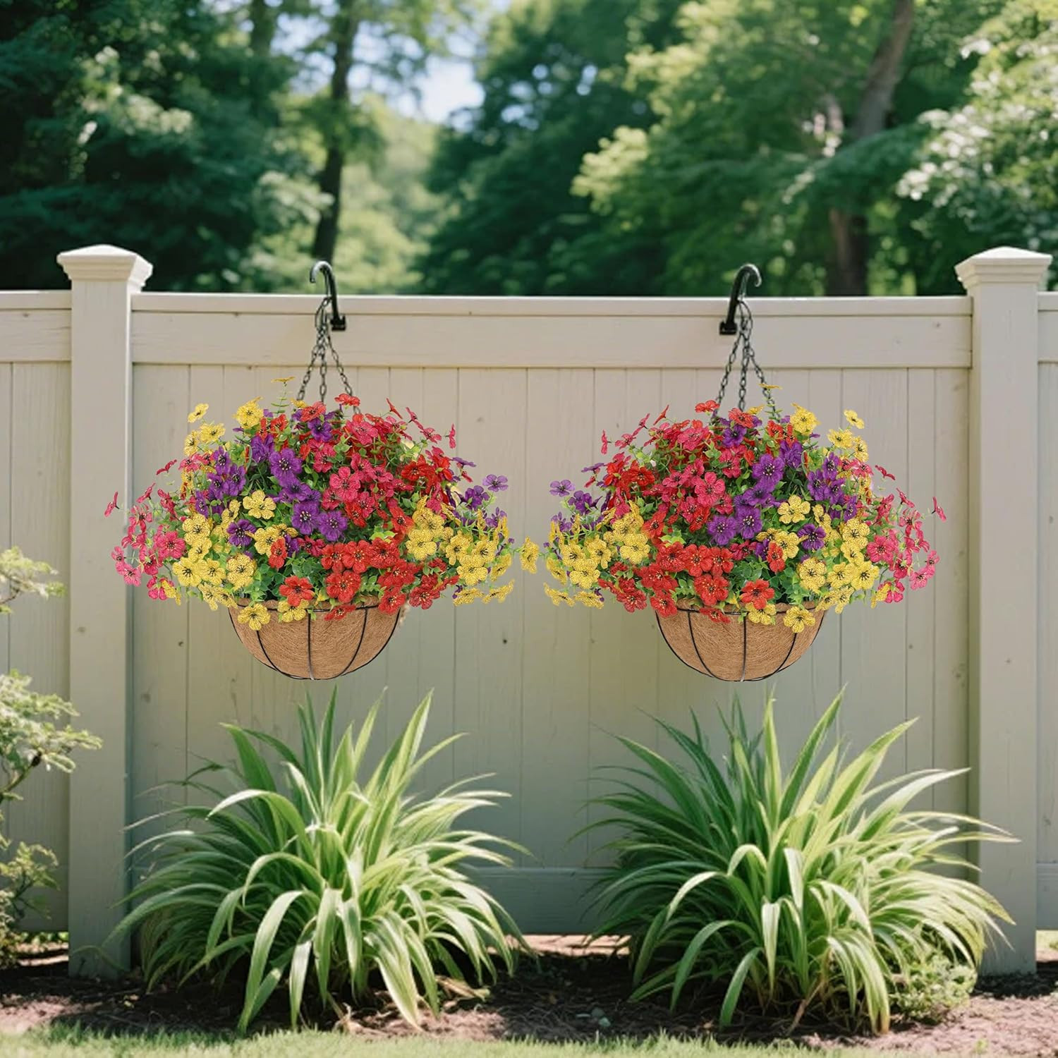 UV Resistant 2 Set Faux Hanging Flowers with Basket for Outdoor Decor