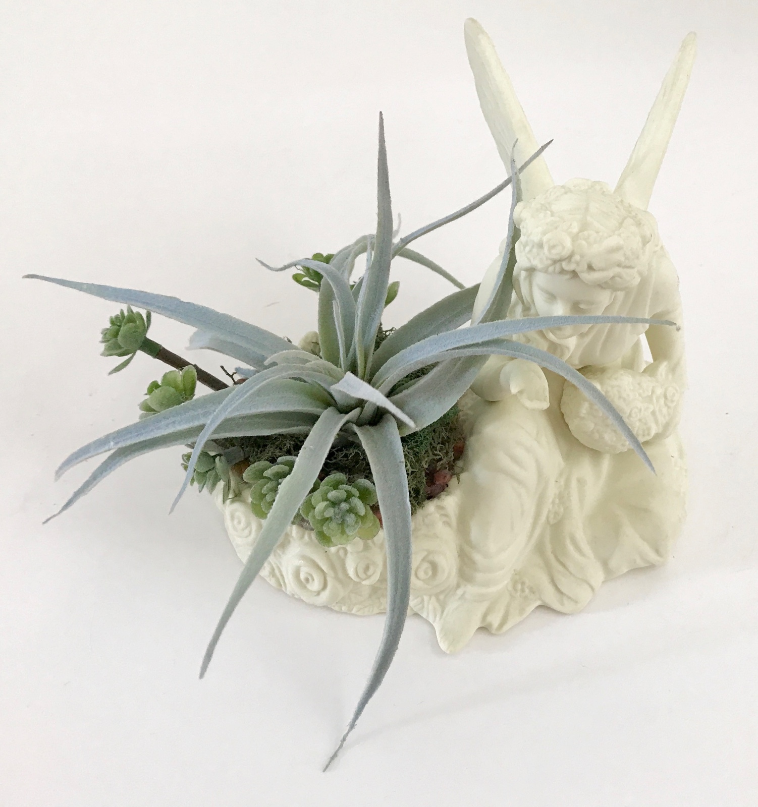 Decorative Ceramic White Seated Angel with Flower Basket Green Grass Succulent