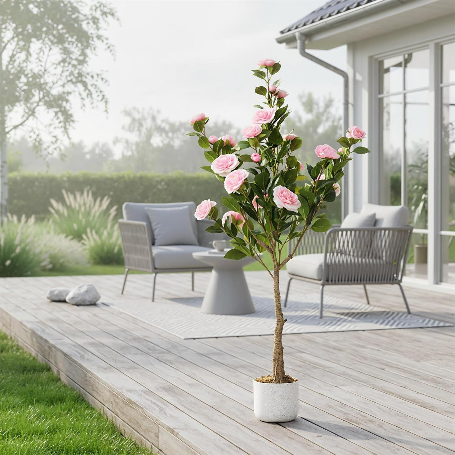 Faux Camellia Tree 2 Pack – 43″ Tall Pink Flowering Plants for Home Decor