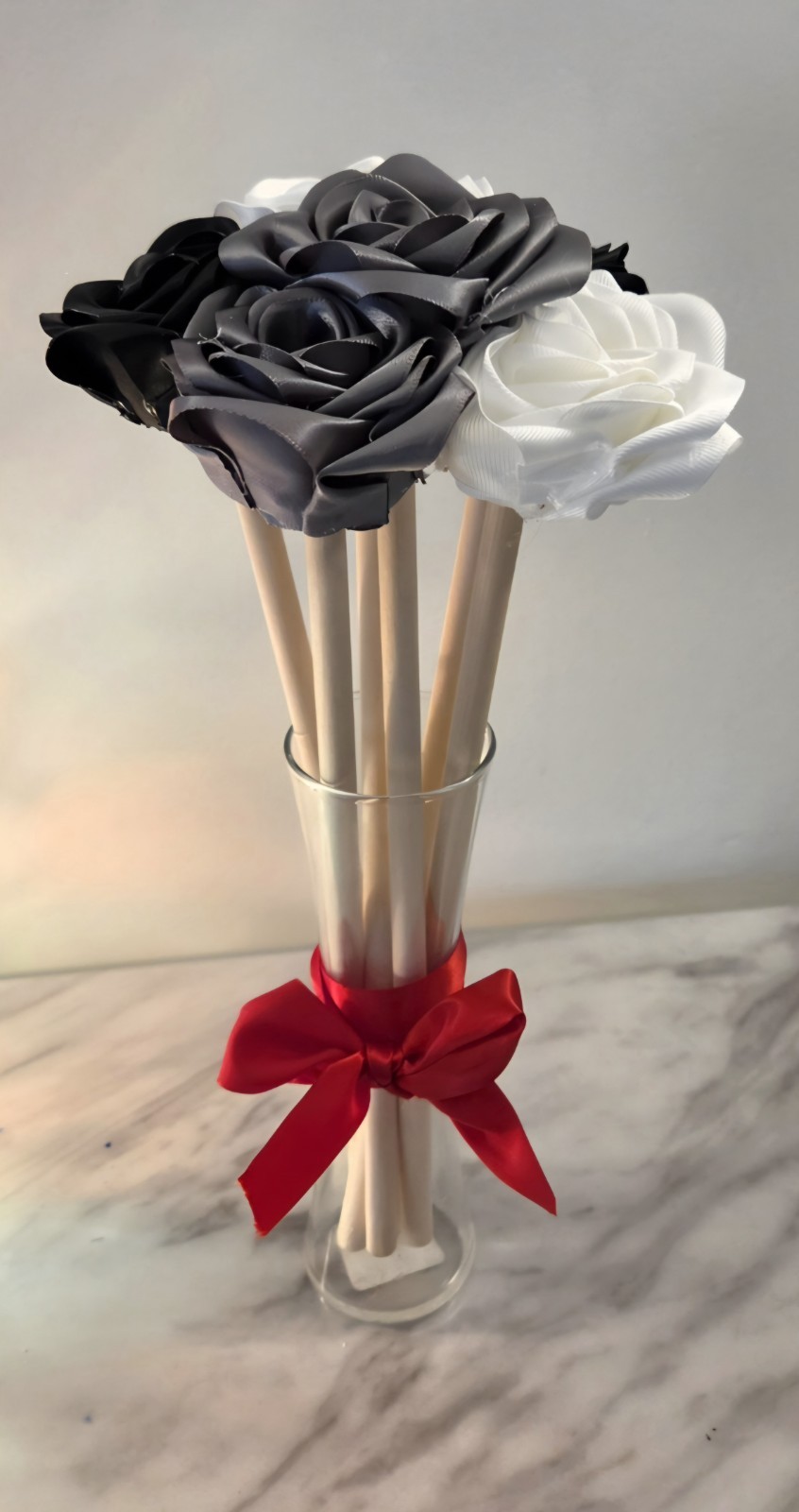 Fabric Homemade Flower Bouquet In Glass Vase With Bow