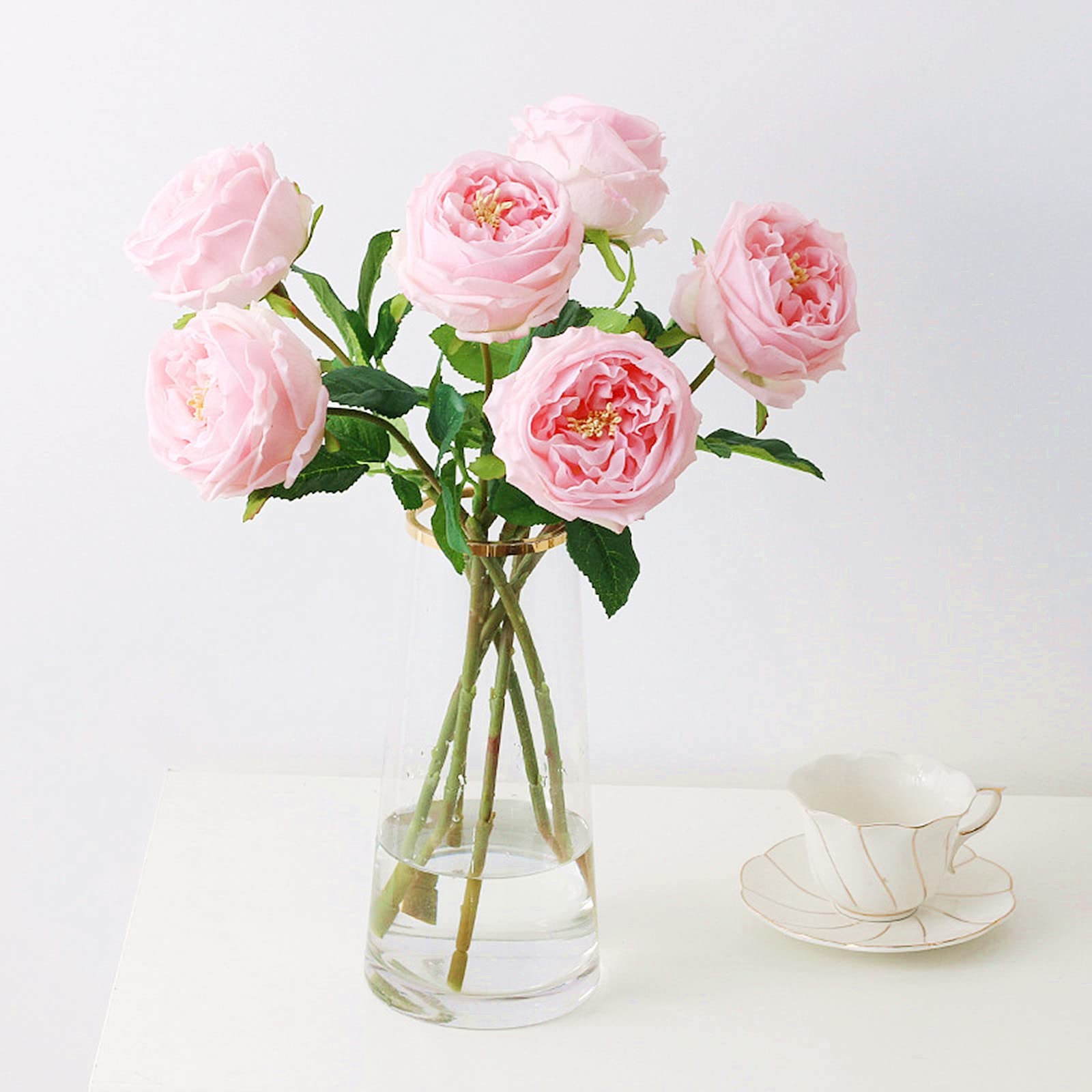 Pink Austin Roses Wedding Bouquet 4 Pcs Real Touch Latex Artificial Flowers f…