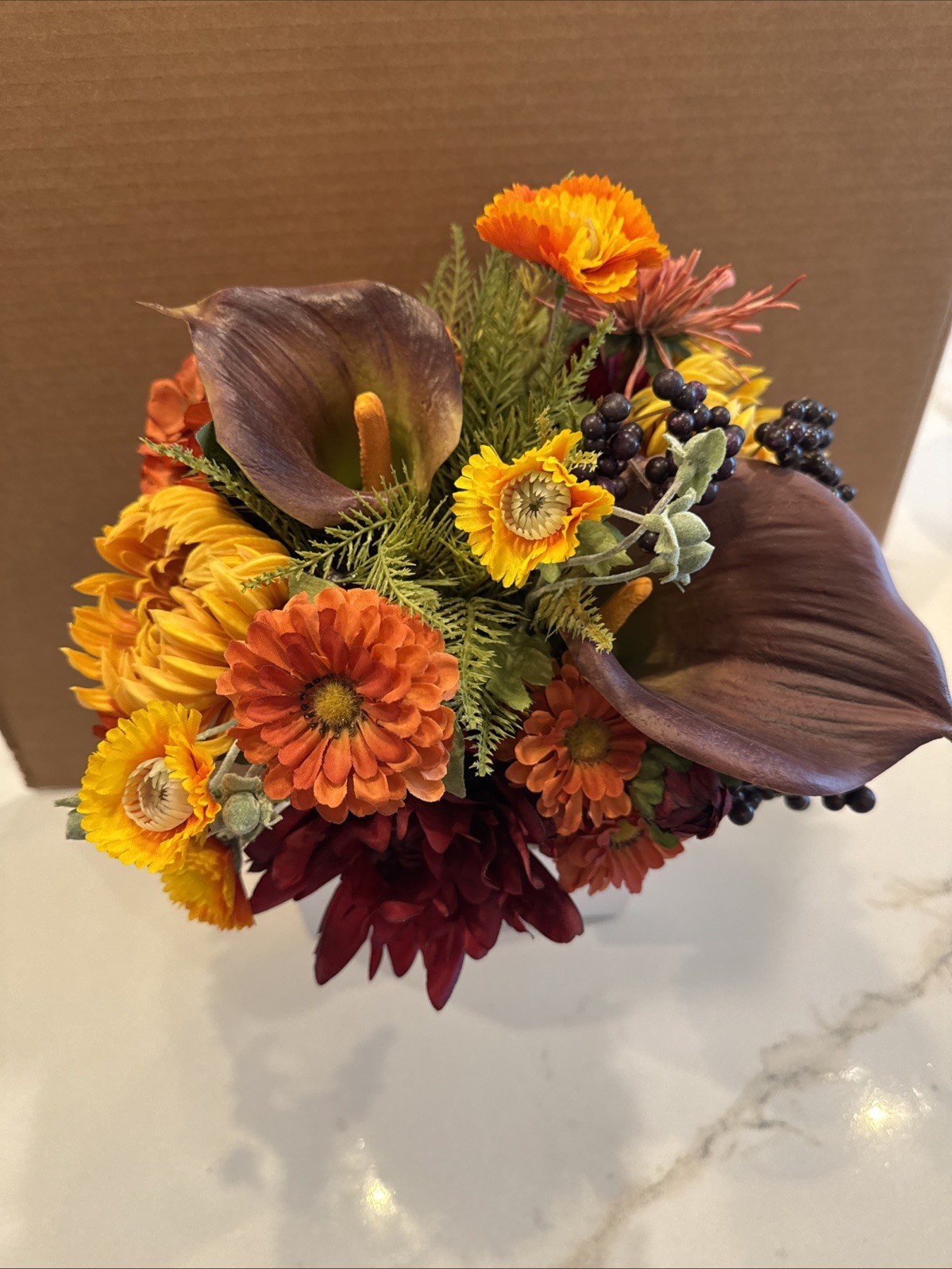 PETALS SPIDER MUM & Blackberries Silk Flowers Centerpiece 11” Height & 13” Width