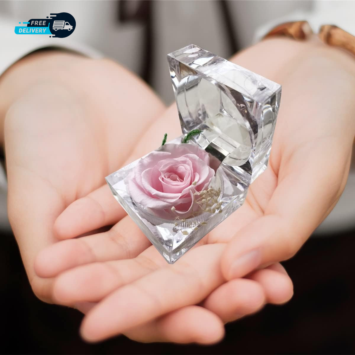 Preserved Rose Real Forever Rose in Mini Clear Ring Box, Eternal Flower Rose Gif