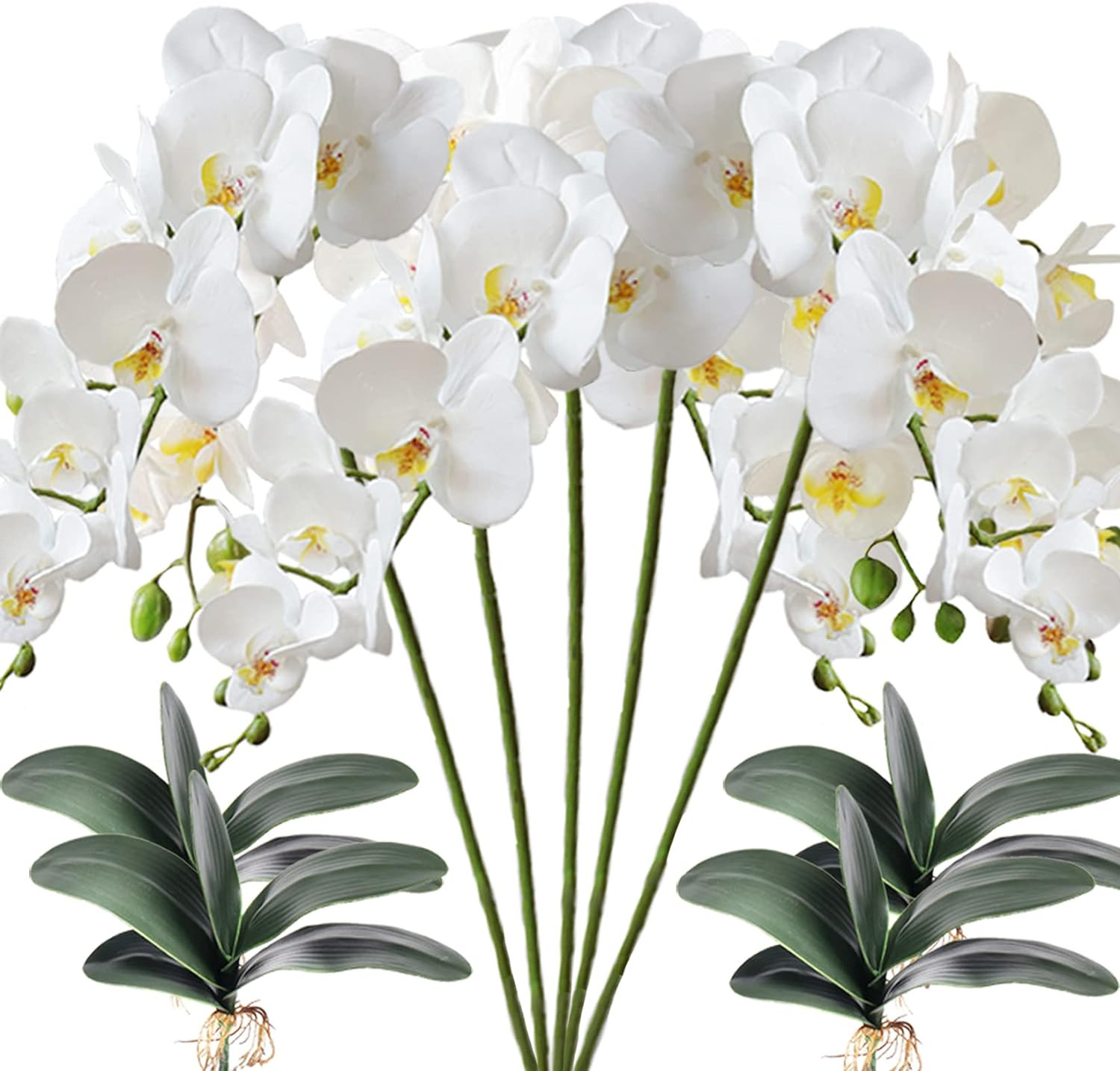 HinyoCo 5 Pcs Artificial Phalaenopsis Flowers and 4 Bundles White