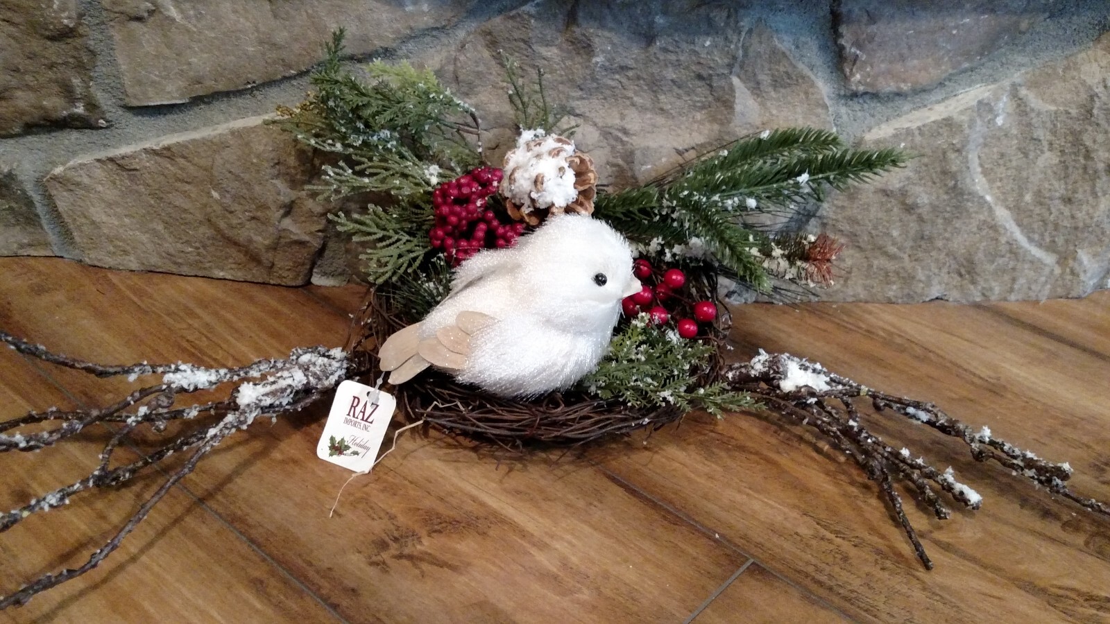 NWT RAZ 21″ Bendable Bird NEST Snowy BRANCH Twig Berries Christmas table Decor