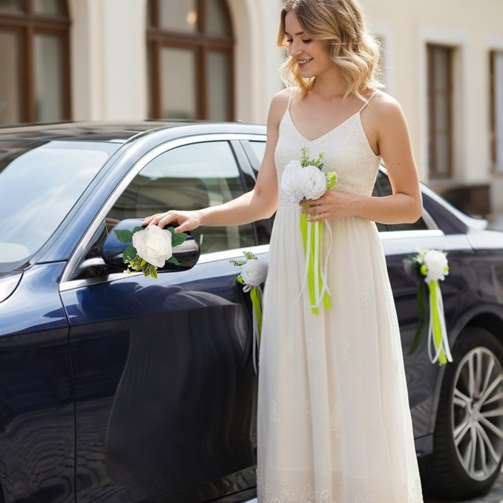 6 PCS White Rose Peony Wedding Car Decor Kit Floral Door Mirror Bows Green