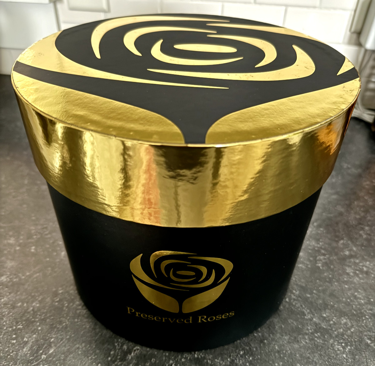 Preserved Roses – 16 Real Red Roses in Black/Gold Circular Gift Box Open Box