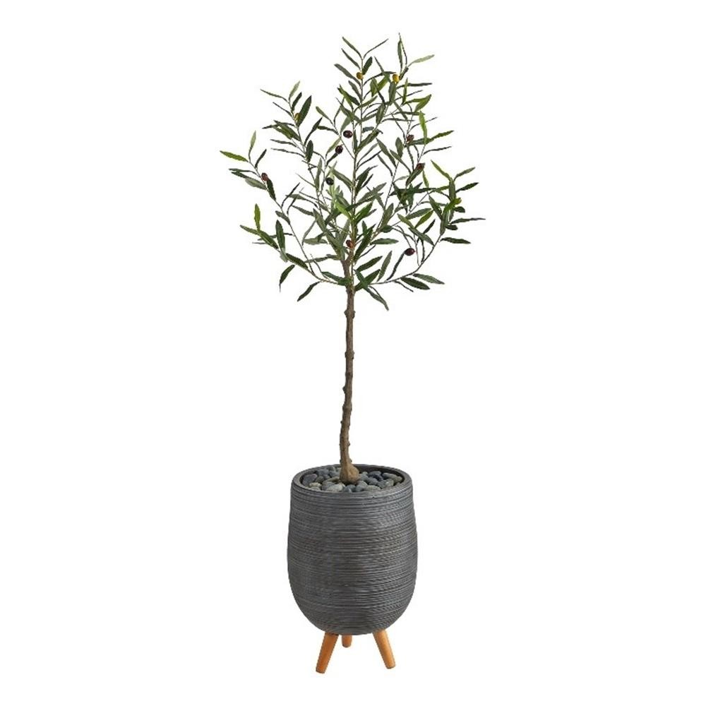 Nearly Natural 4.5ft Olive Artificial Tree in Gray Planter with Stand in Green
