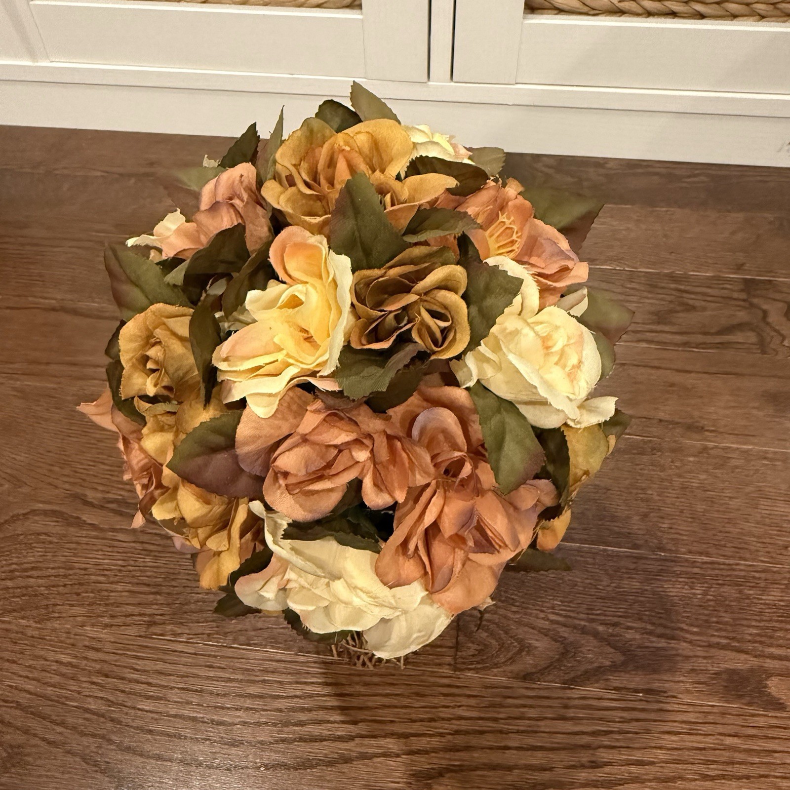 Flower & Straw Twig Standing Artificial Bouquet Of Roses Home Decor- Tan, Brown