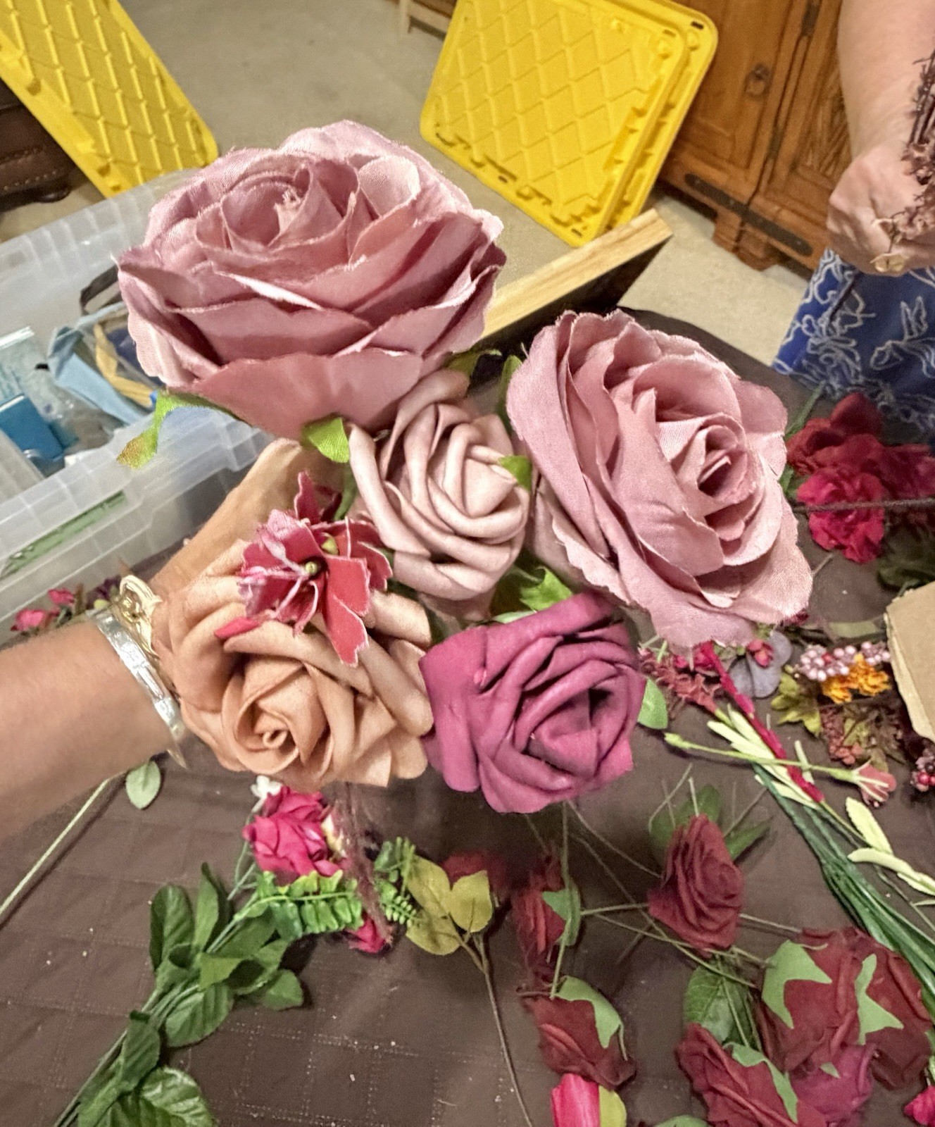 Large Lot / Box of Miscellaneous Artificial Silk Flowers – Burgundy Shades