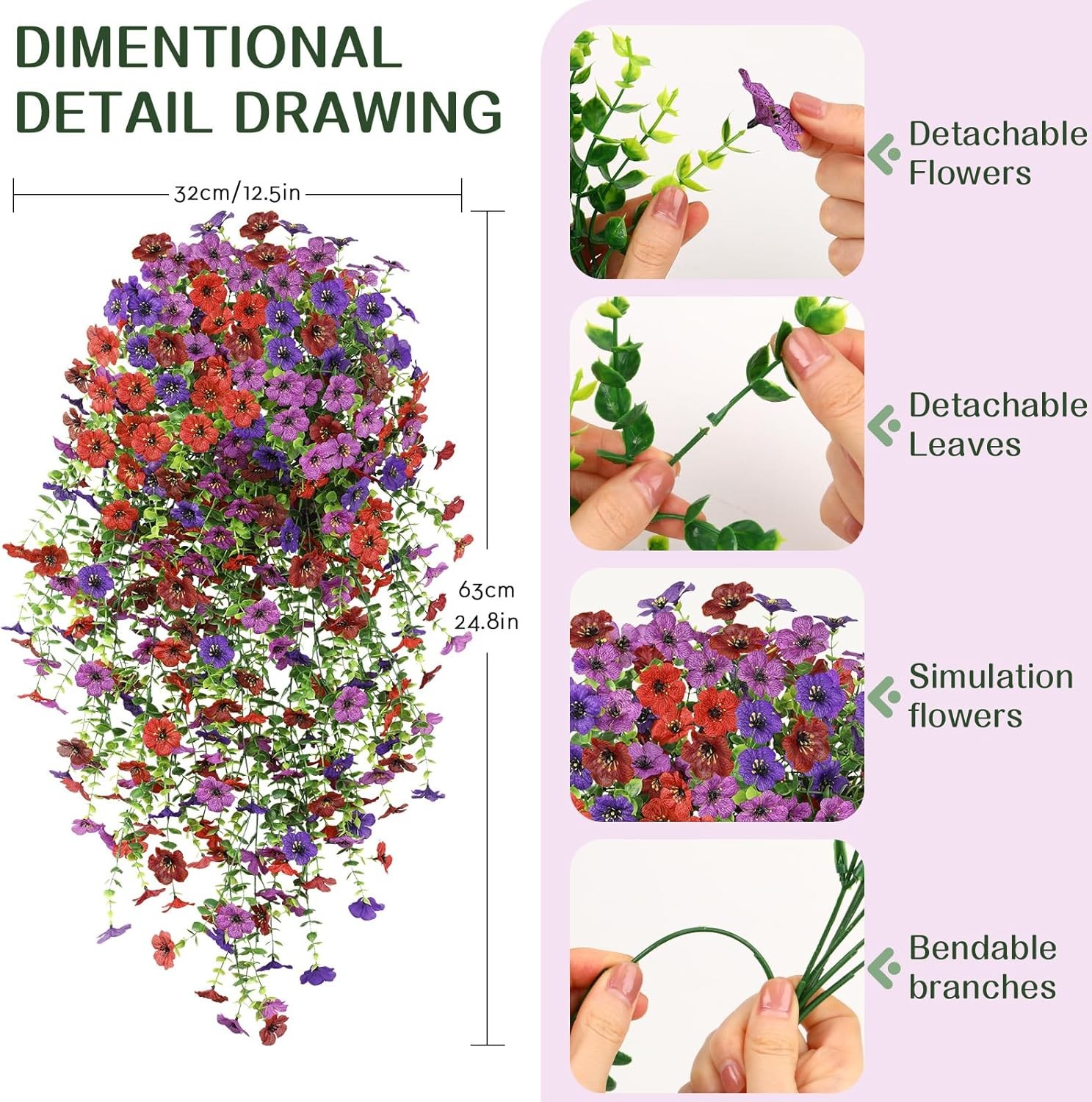 4PCS UV Resistant Fake Hanging Flowers Spring Decor Outdoor