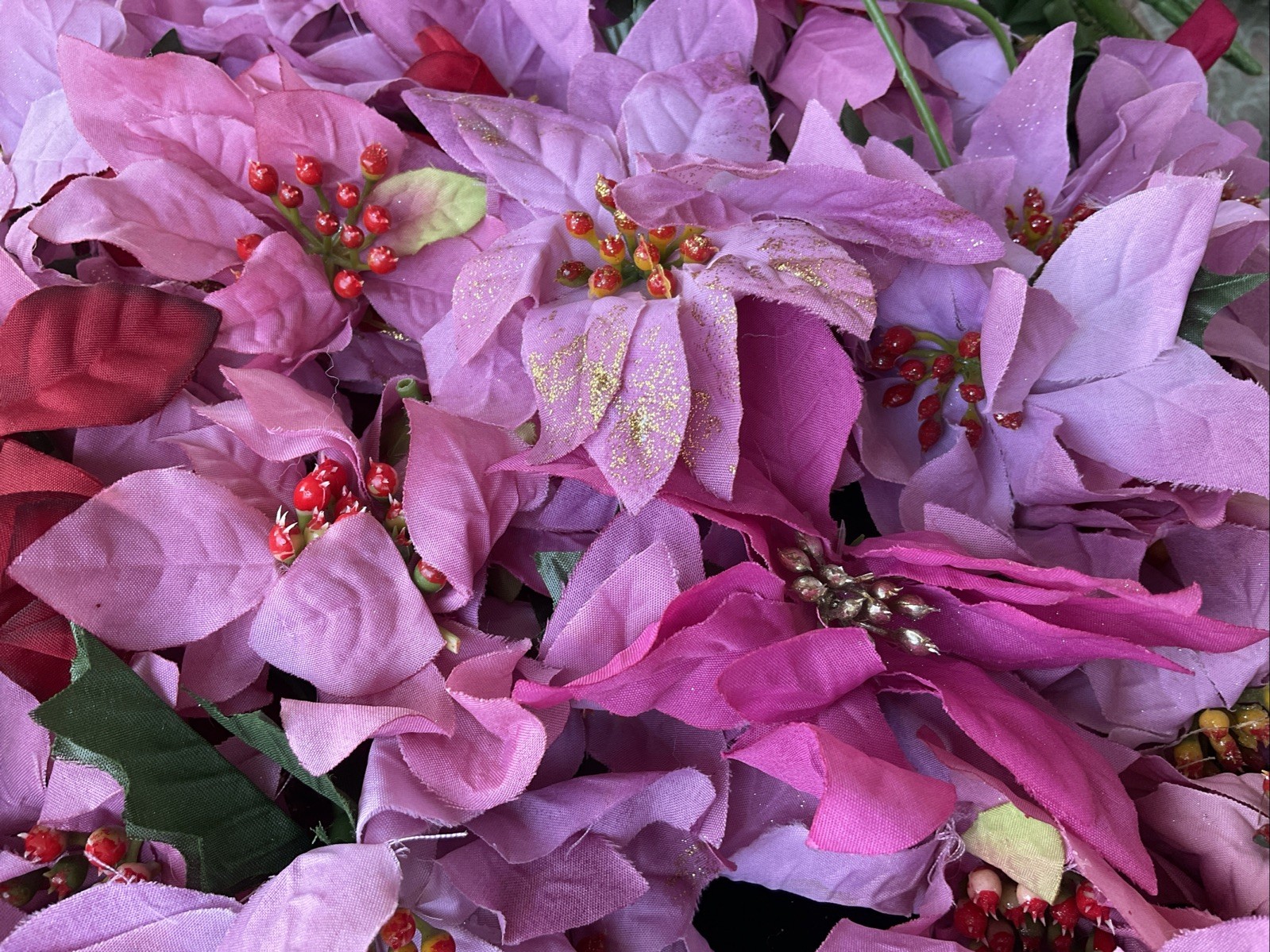 Pink Poinsettia Gold Glitter Artificial Flower Heads Pic Lot Holiday Decor Craft