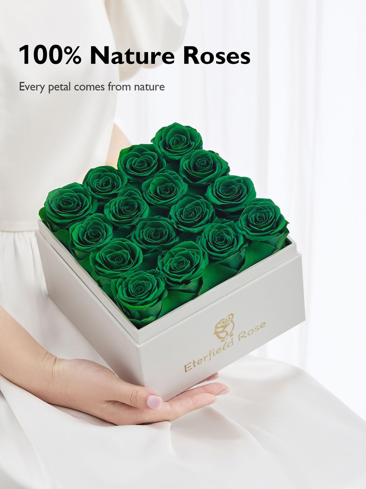 16 PCS Blackish Green Preserved Roses Forever Flowers Square White Box Gift