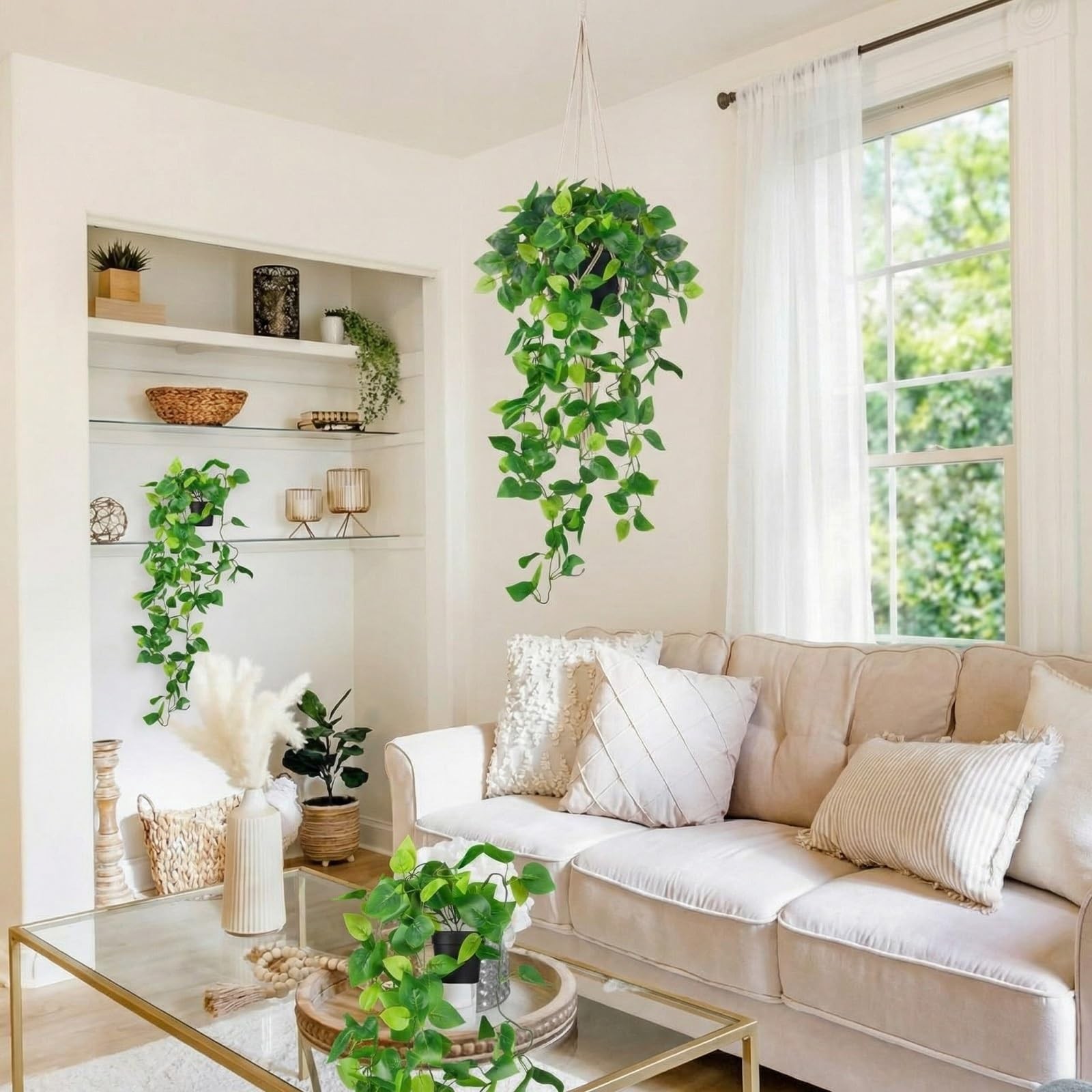 4 PCS 35 Inch Fake Pothos Hanging Plants Faux Ivy Vines Pots Artificial Decor