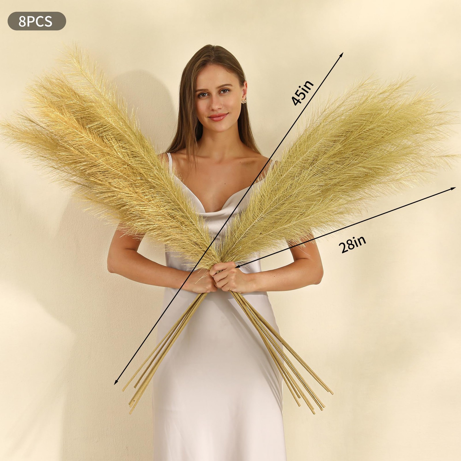 Gold Faux Tall Pampas Grass Soft Fluffy Great Gatsby Decor 45 Inch 8 Pack