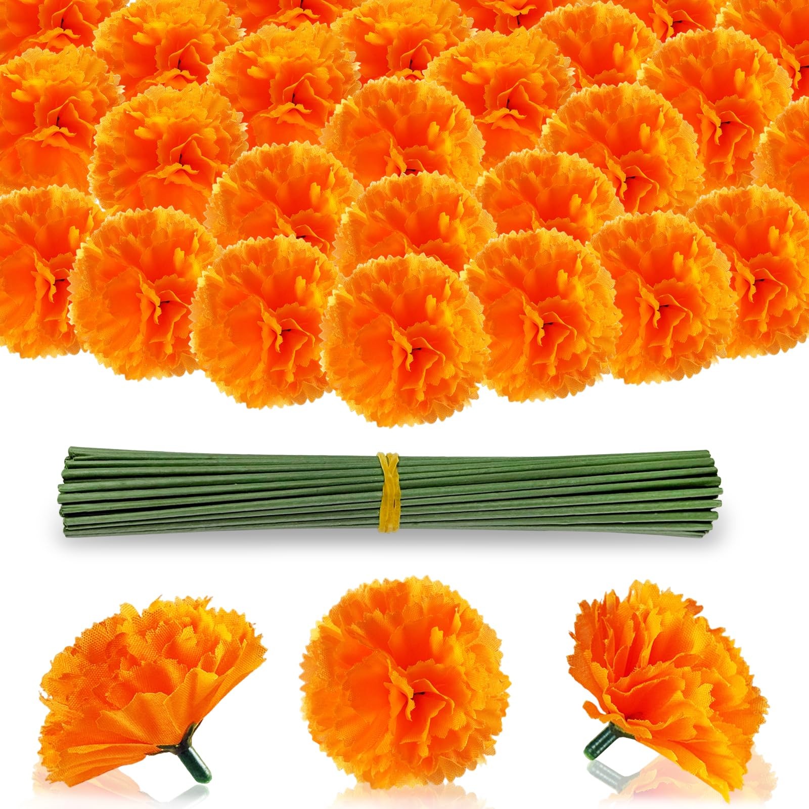 60 Pcs Marigold Flower Heads,Silk Artificial Marigold with Stems,Orange Fake …