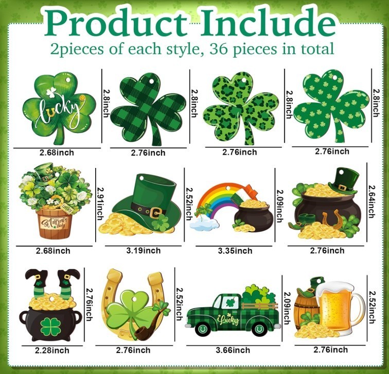 24 Pcs St Patricks Day Ornaments for Tree Wooden Shamrock Tree Large Green