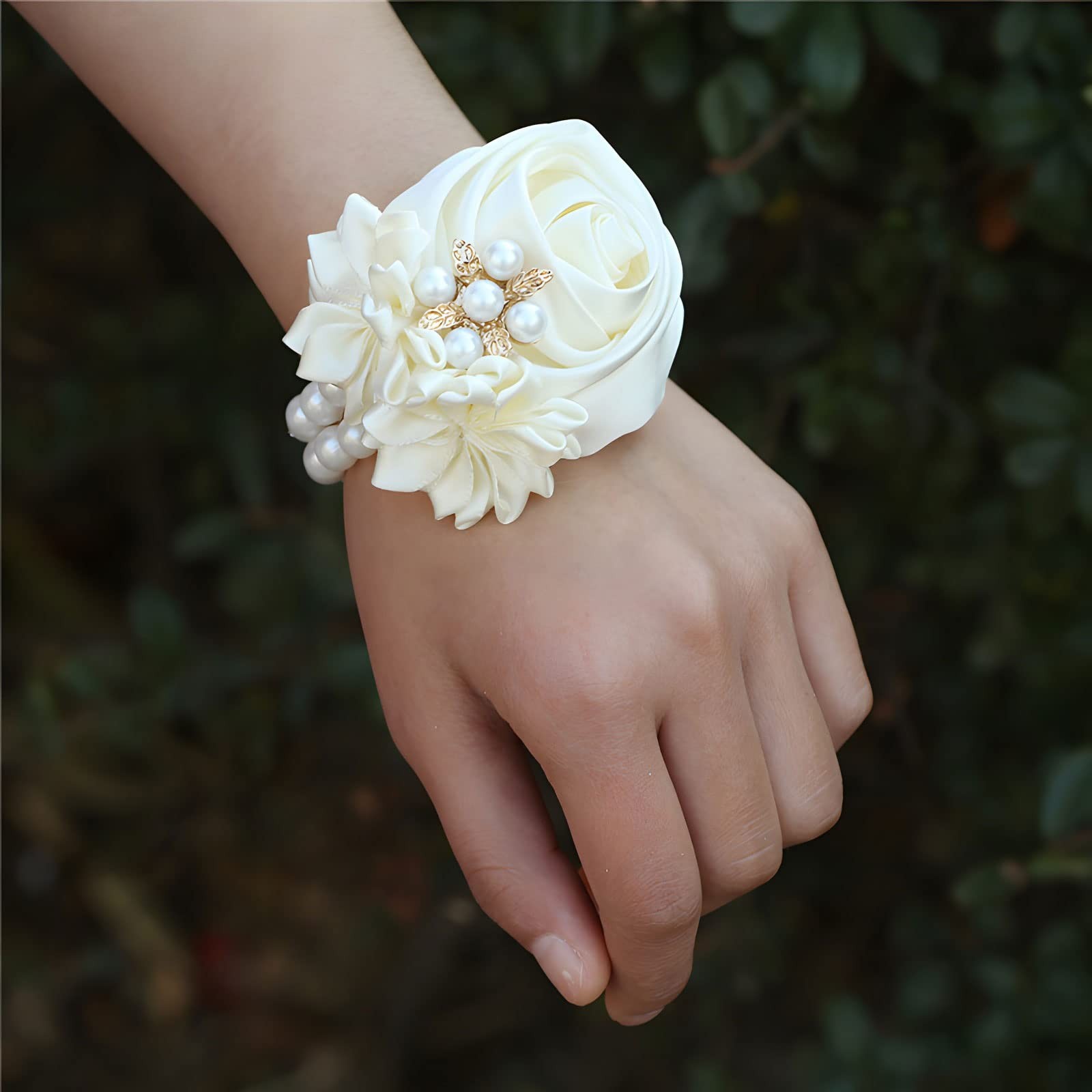 2 PCS Satin Rose Bridal Wrist Corsage Hand Flower Wedding Prom Ivory Decor