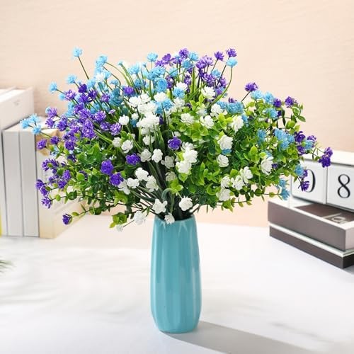 12 Bundles Artificial Flowers Outdoor, UV Resistant Faux Blue, Purple, White