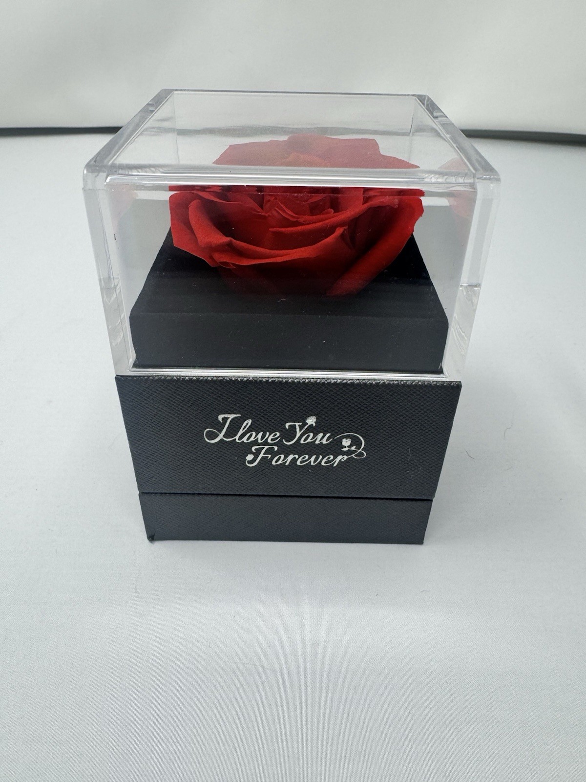 Preserved Red Rose in Acrylic Display Box Charcoal Gray “I Love You Forever”